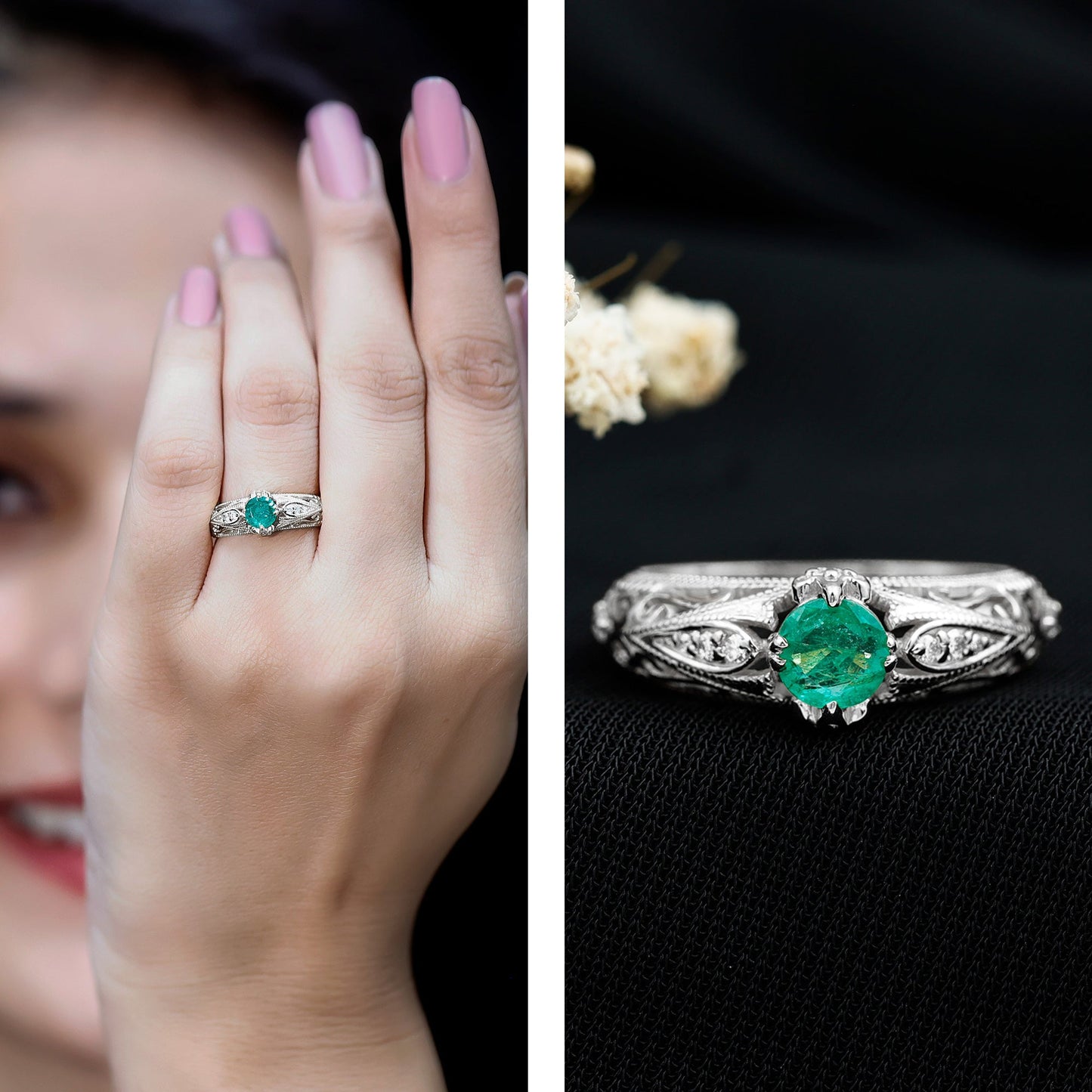 Natural Emerald Diamond Antique Looking Engagement Ring