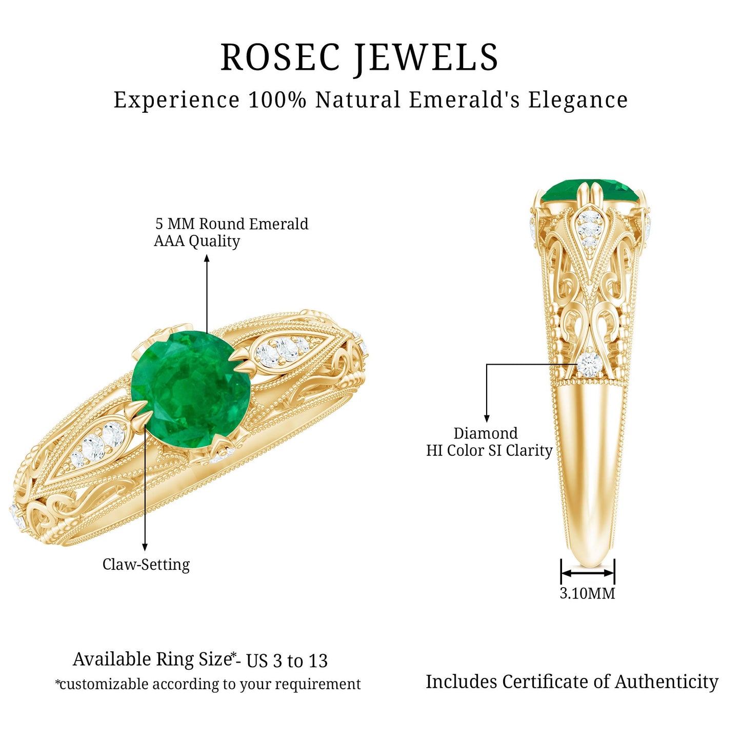 Natural Emerald Diamond Antique Looking Engagement Ring