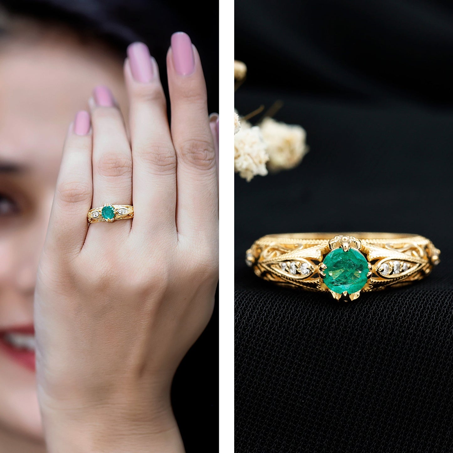 Natural Emerald Diamond Antique Looking Engagement Ring