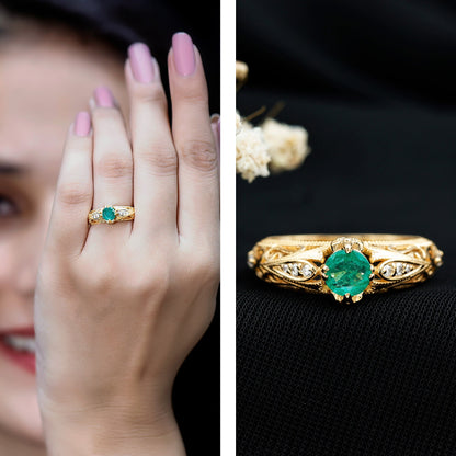 Natural Emerald Diamond Antique Looking Engagement Ring