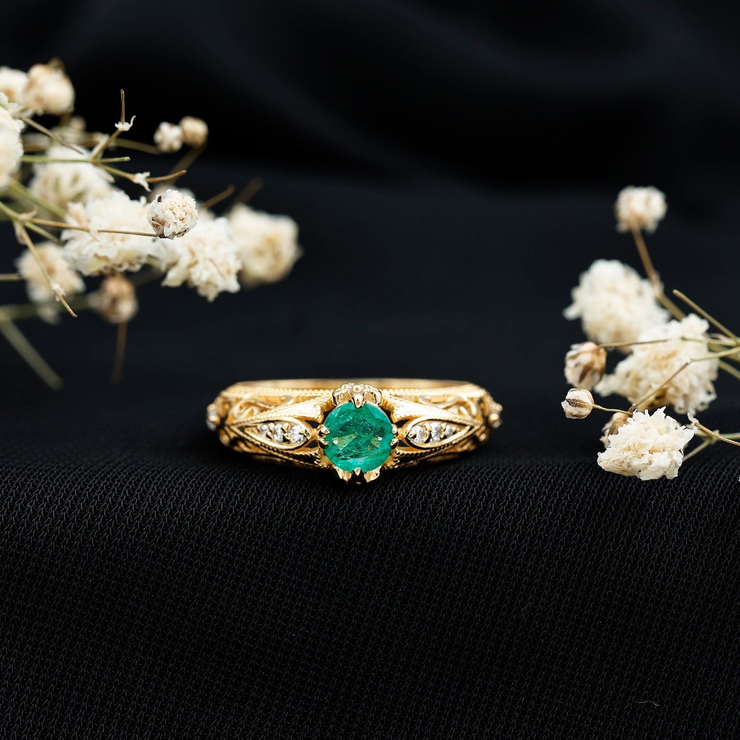Natural Emerald Diamond Antique Looking Engagement Ring