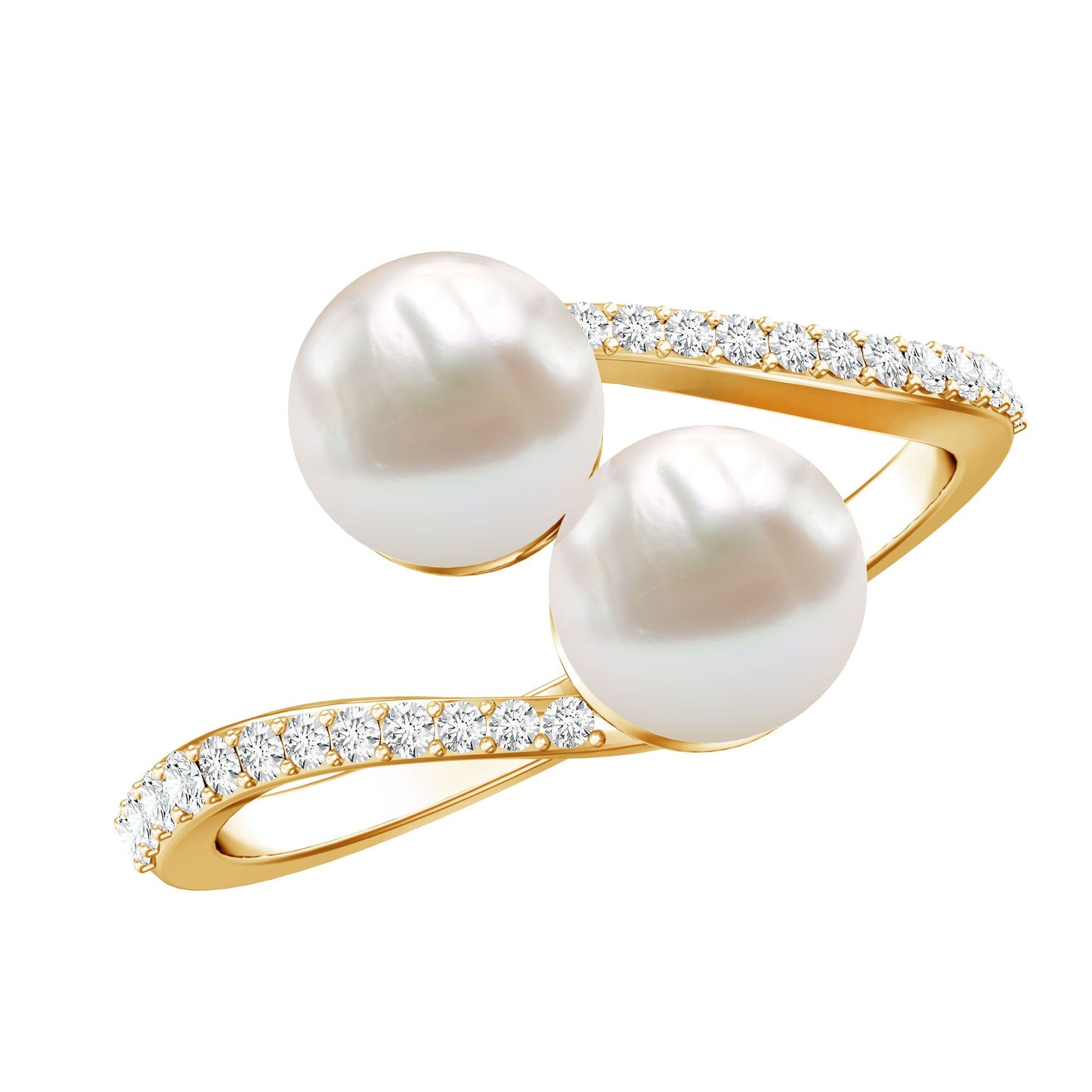 Natural Freshwater Pearl 2 Stone Engagement Ring with Diamond