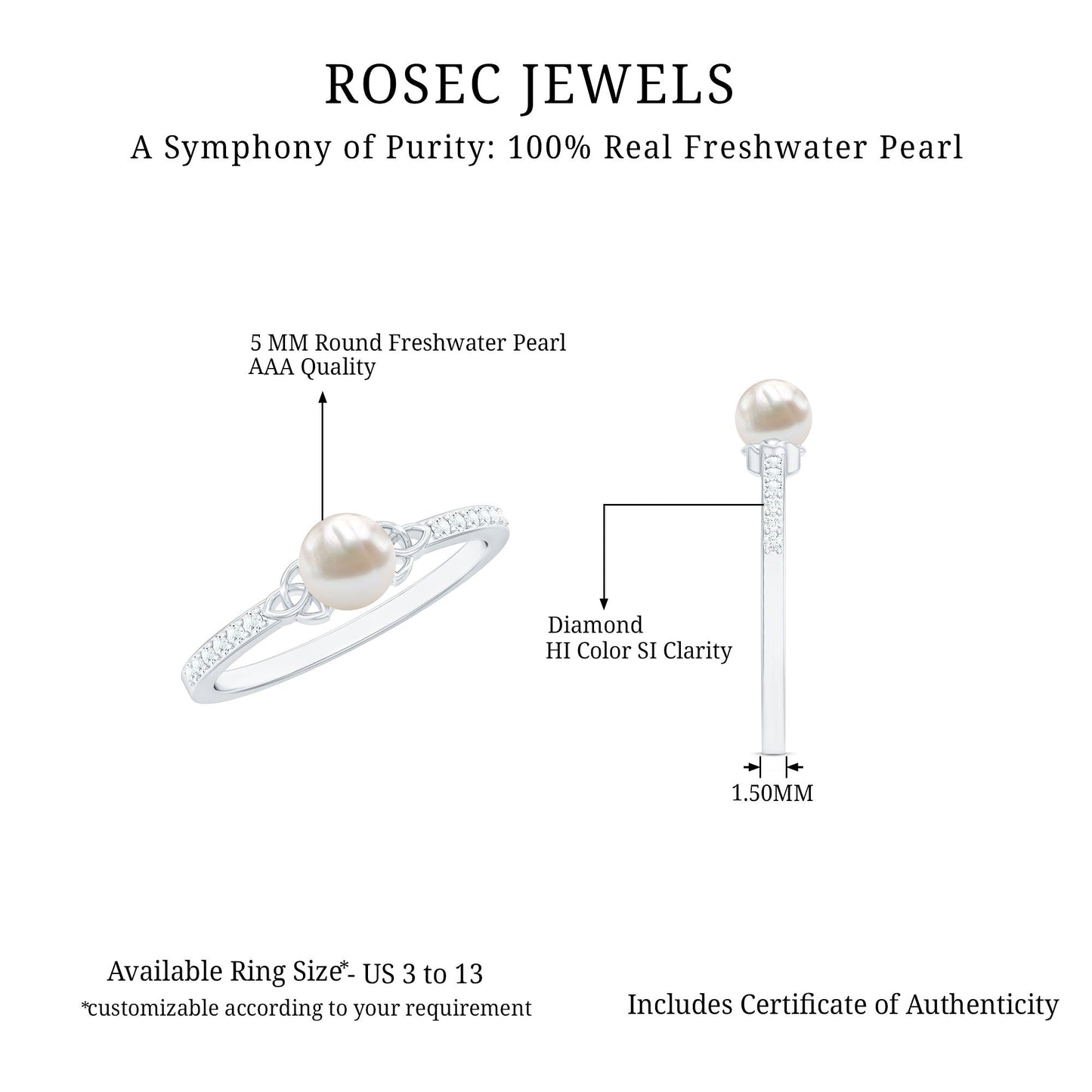 Cultured 2 Carat Freshwater Pearl Diamond Promise Ring with Celtic Knot