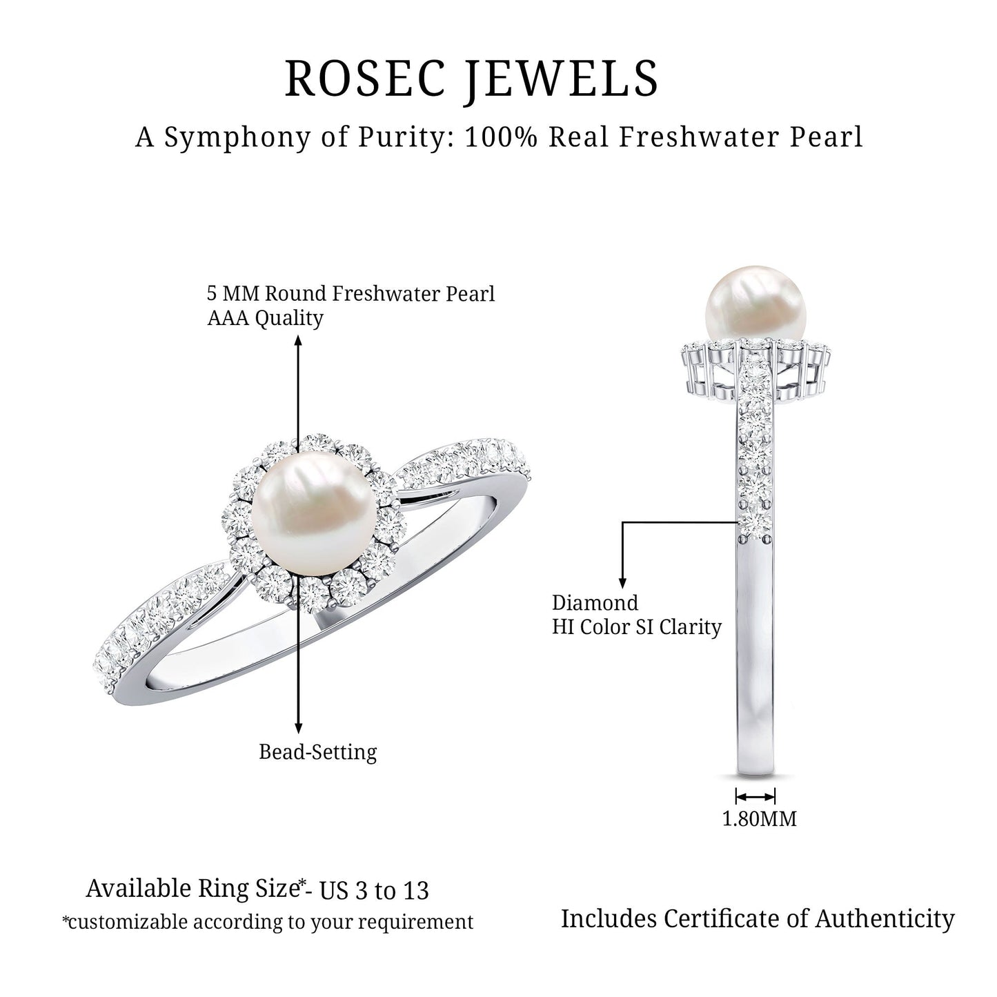 Cultured Freshwater Pearl 2 Carat Engagement Ring with Diamond Halo