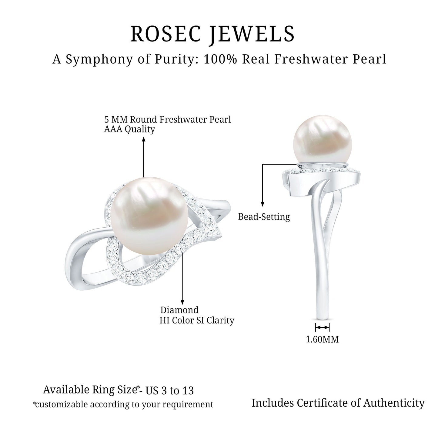 Cultured Freshwater Pearl Promise Ring with Diamond Leaf