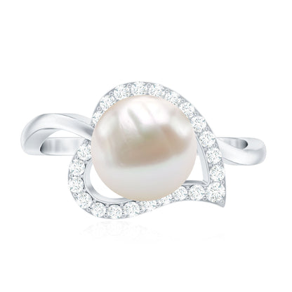 Cultured Freshwater Pearl Promise Ring with Diamond Leaf
