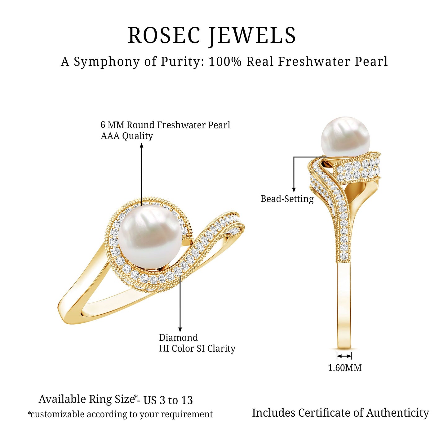 2.2 Carat Freshwater Pearl Bypass Engagement Ring with Diamond