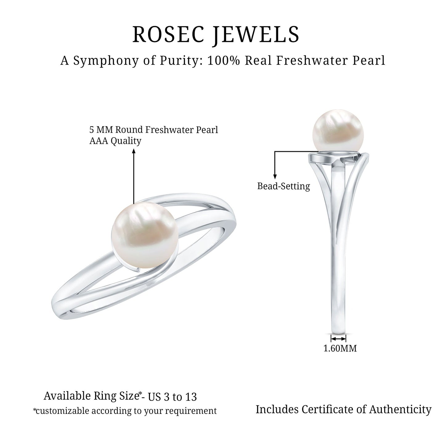 Cultured 2 Carat Freshwater Pearl Solitaire Engagement Ring with Bypass Shank