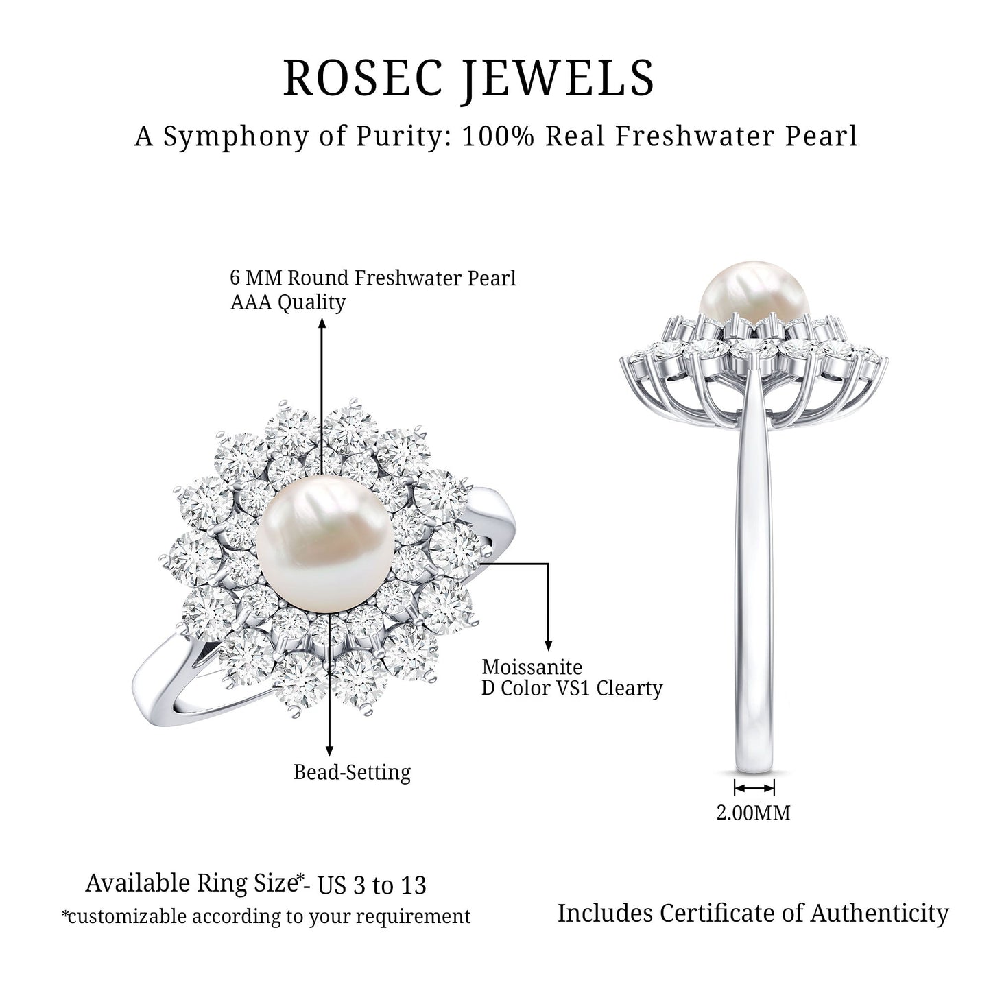 Certified Real Freshwater Pearl Flower Engagement Ring with Moissanite