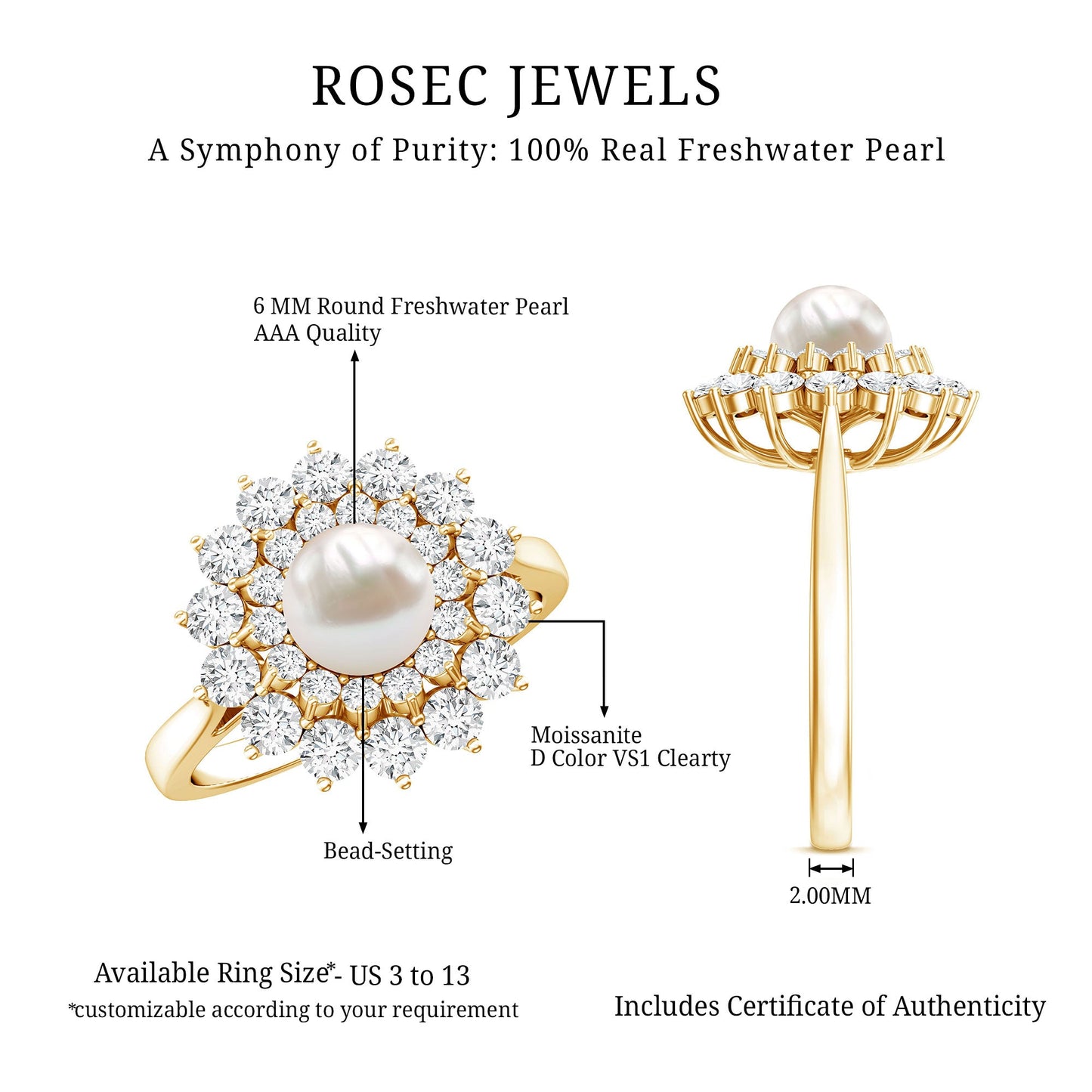 Certified Real Freshwater Pearl Flower Engagement Ring with Moissanite