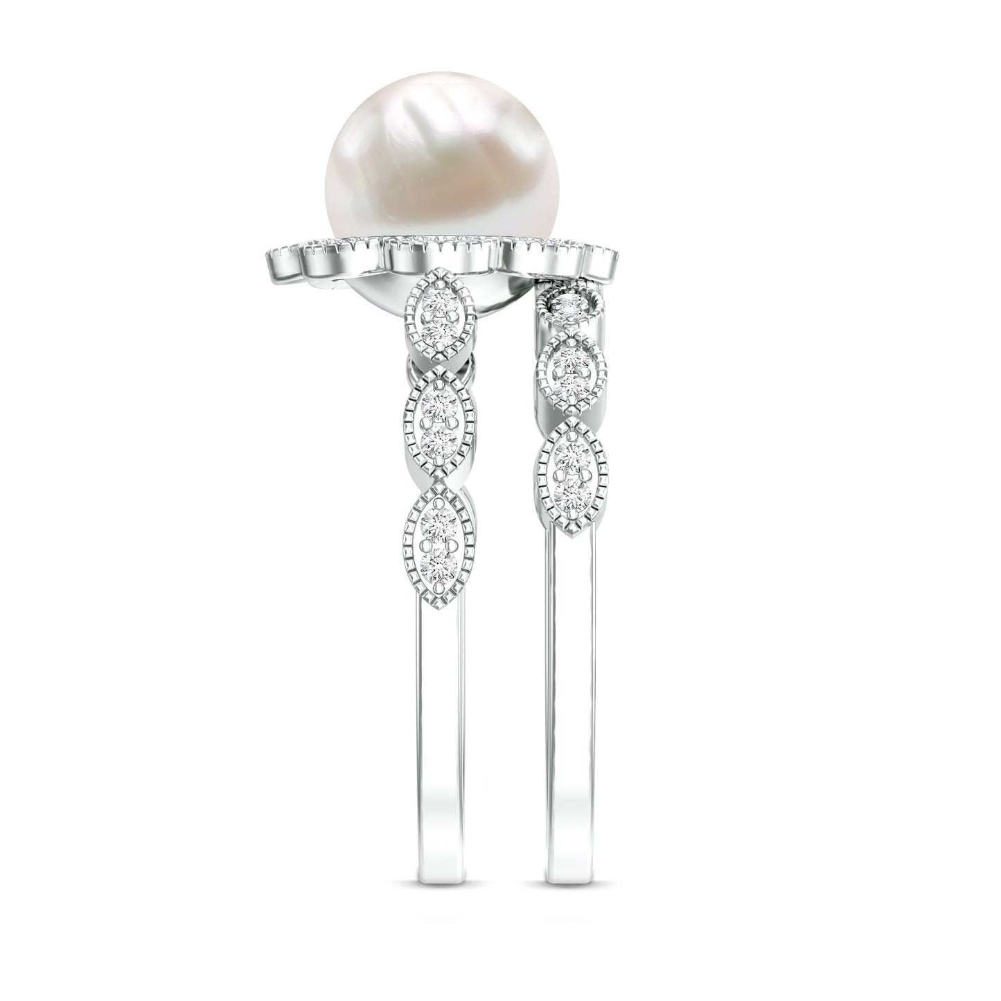 Freshwater Pearl and Diamond Wedding Ring Set