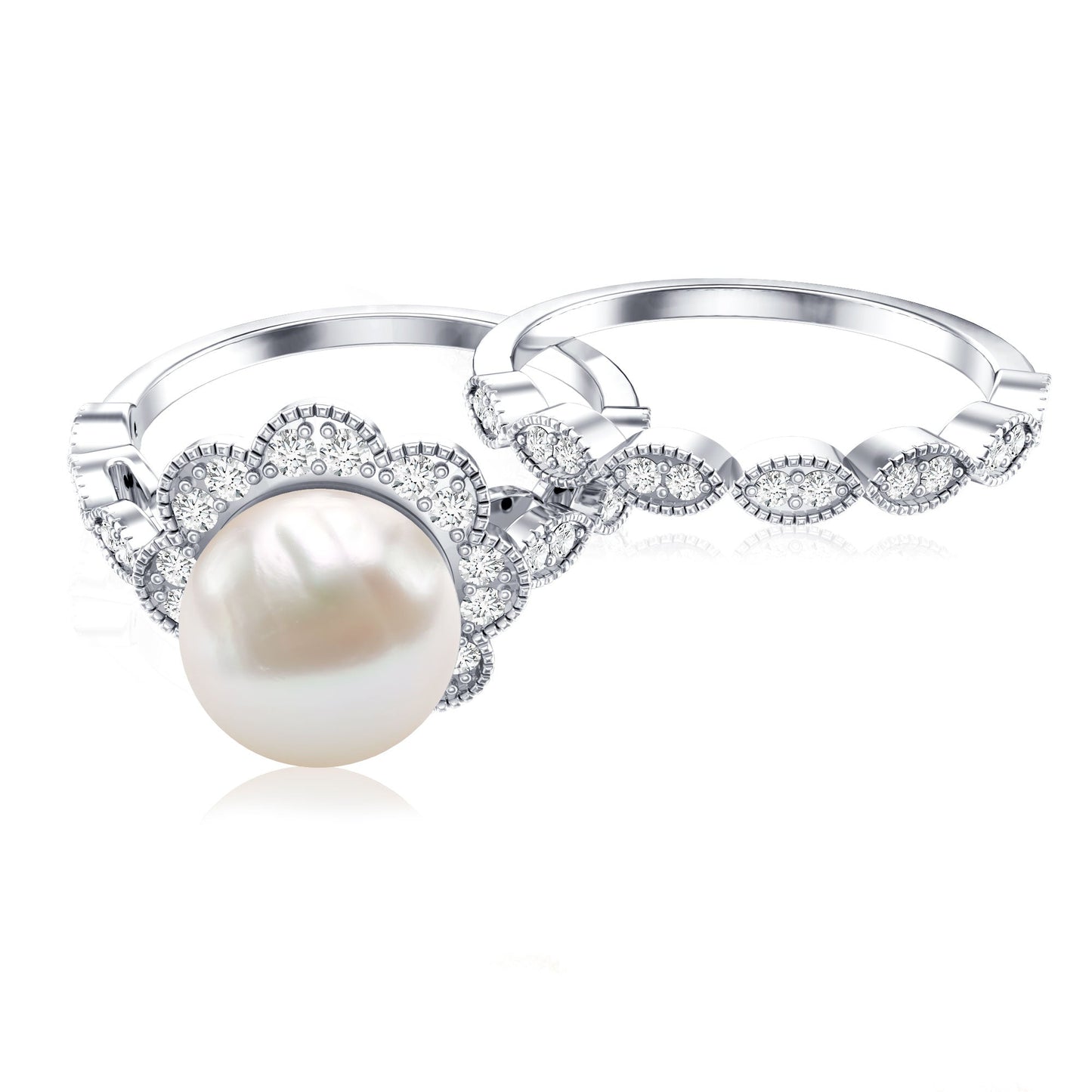 Freshwater Pearl and Diamond Wedding Ring Set