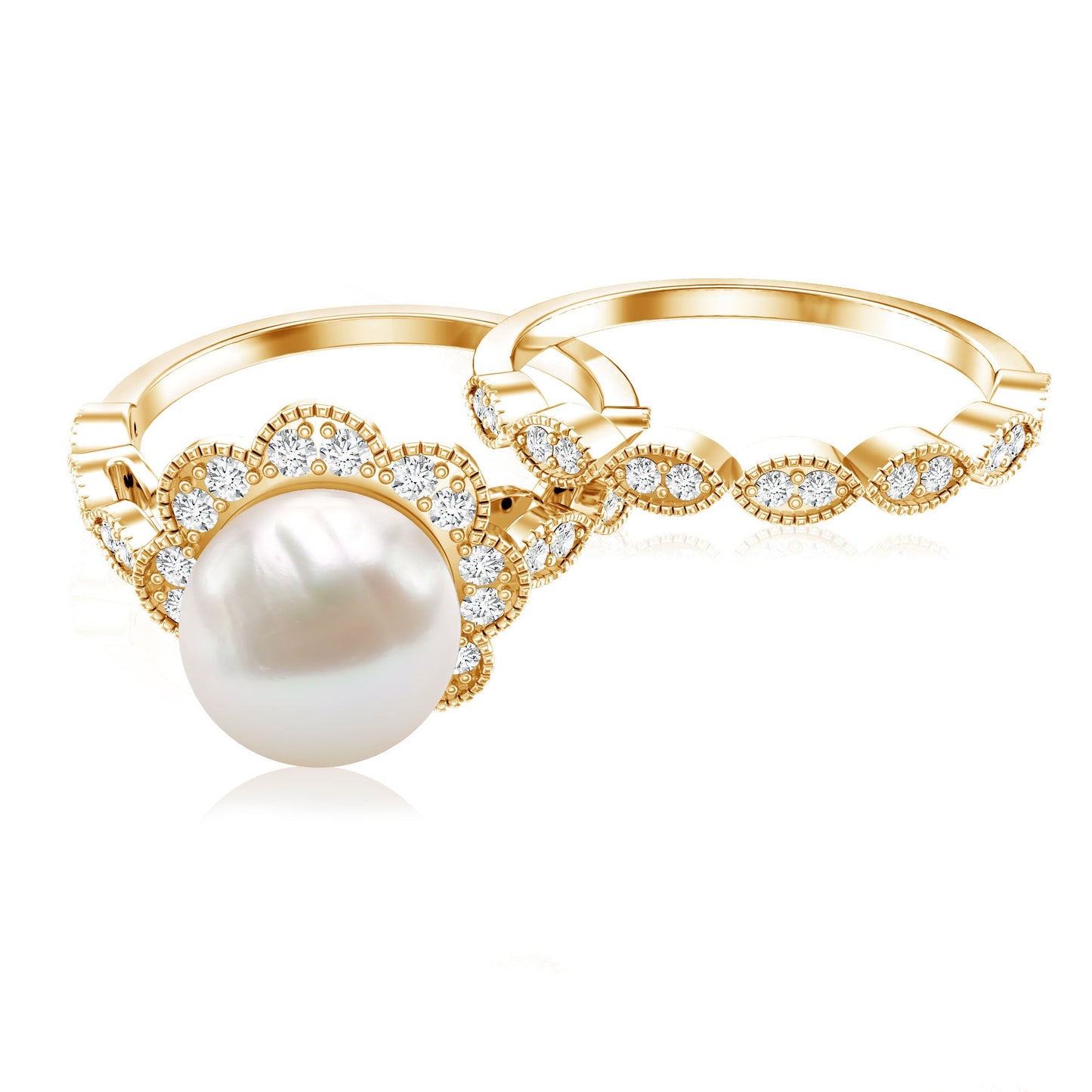 Freshwater Pearl and Diamond Wedding Ring Set