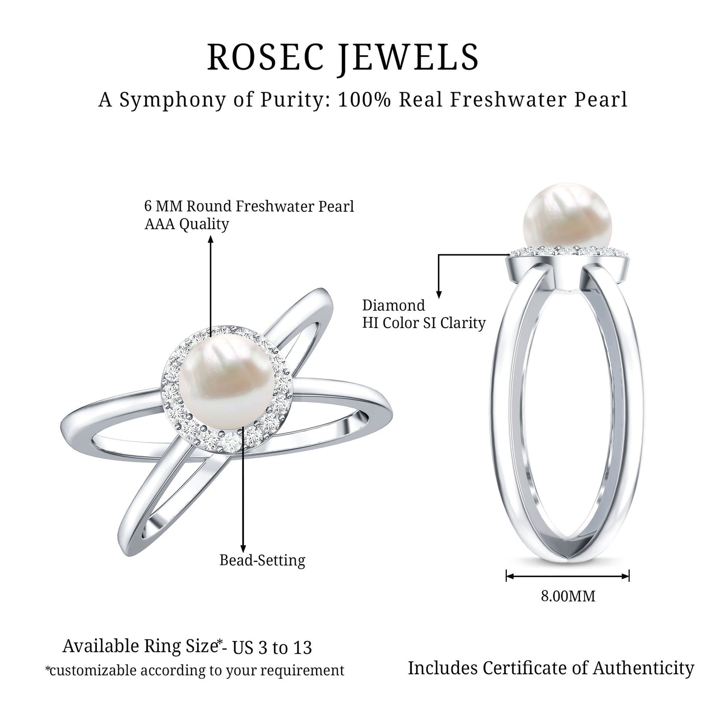 Real 2 Carat Freshwater Pearl Diamond Halo Engagement Ring with Criss Cross Shank