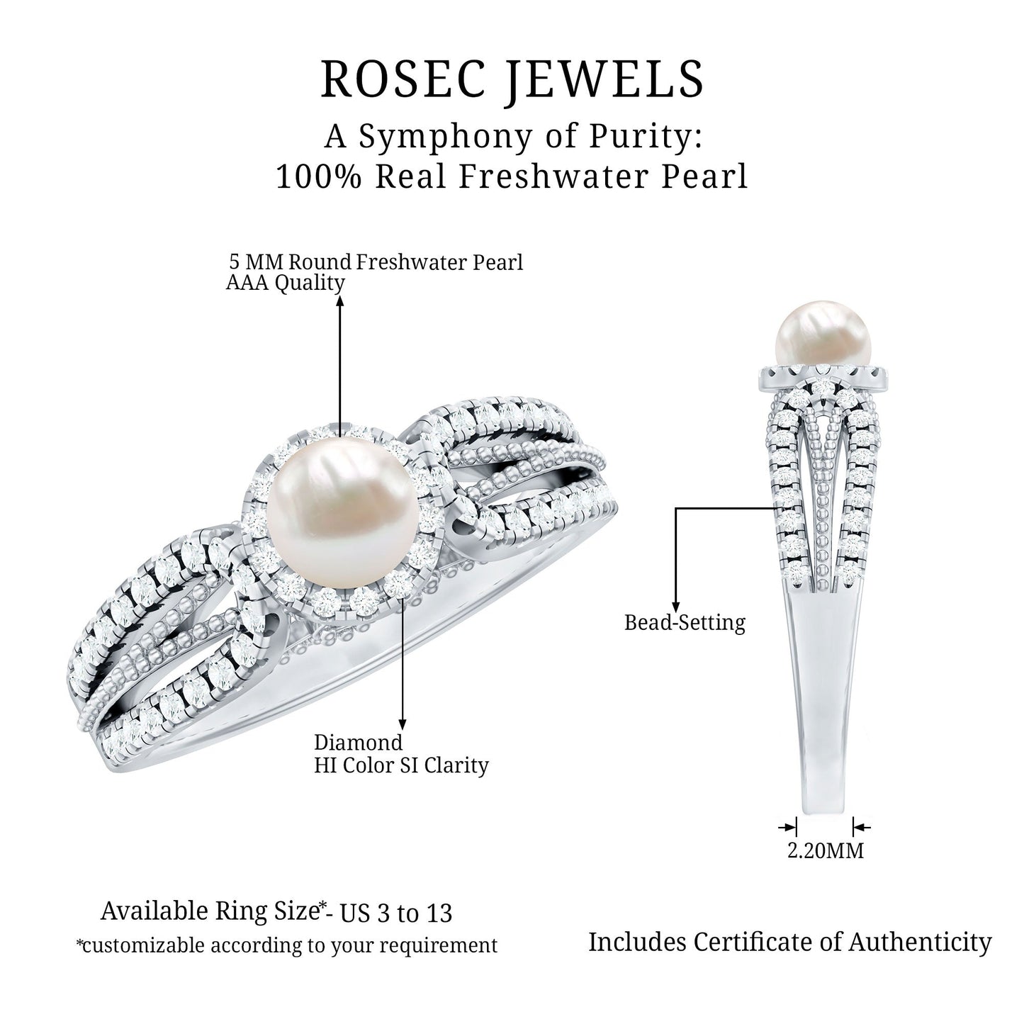 2 Carat Freshwater Pearl and Diamond Engagement Ring with Beaded Detail