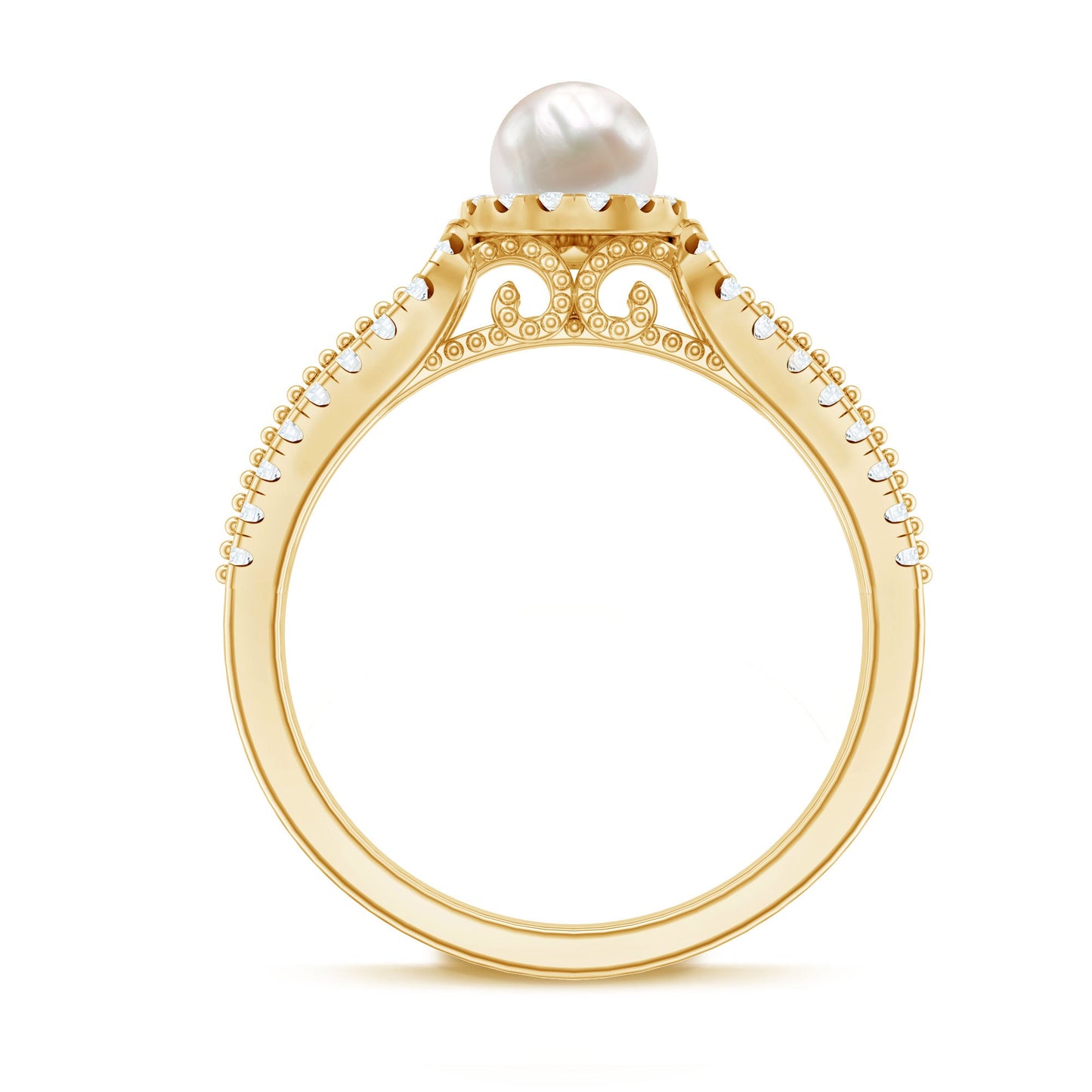 2 Carat Freshwater Pearl and Diamond Engagement Ring with Beaded Detail