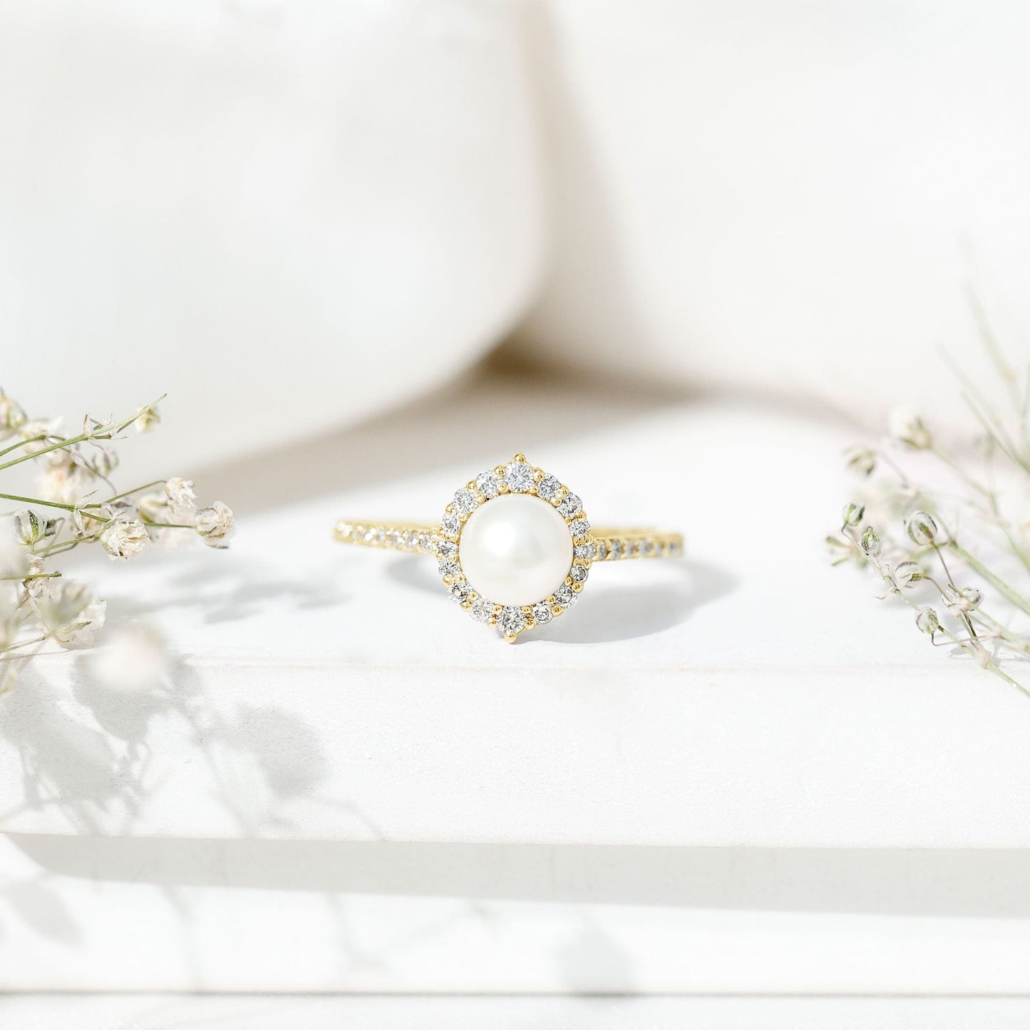 Freshwater Pearl and Diamond Halo Engagement Ring