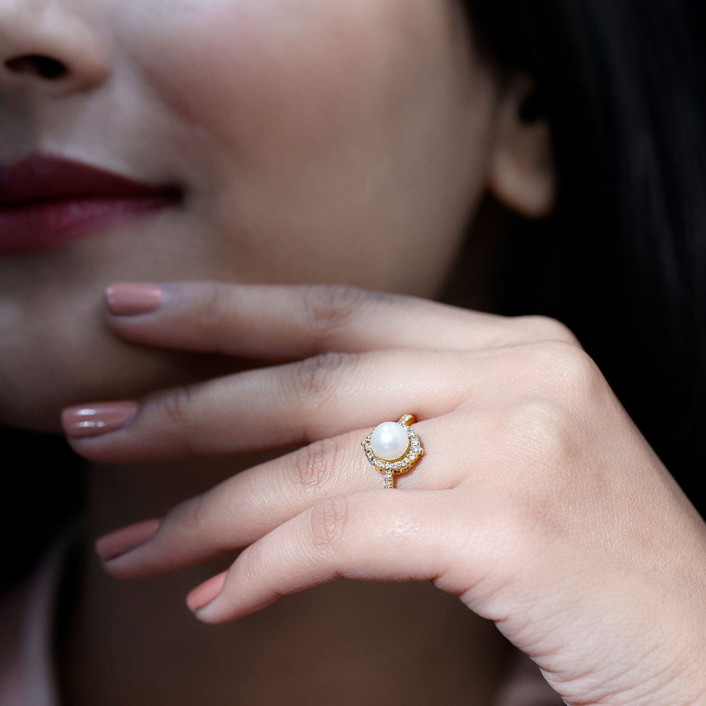 Freshwater Pearl and Diamond Halo Engagement Ring