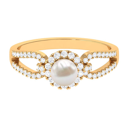 2 Carat Freshwater Pearl and Diamond Engagement Ring with Split Shank