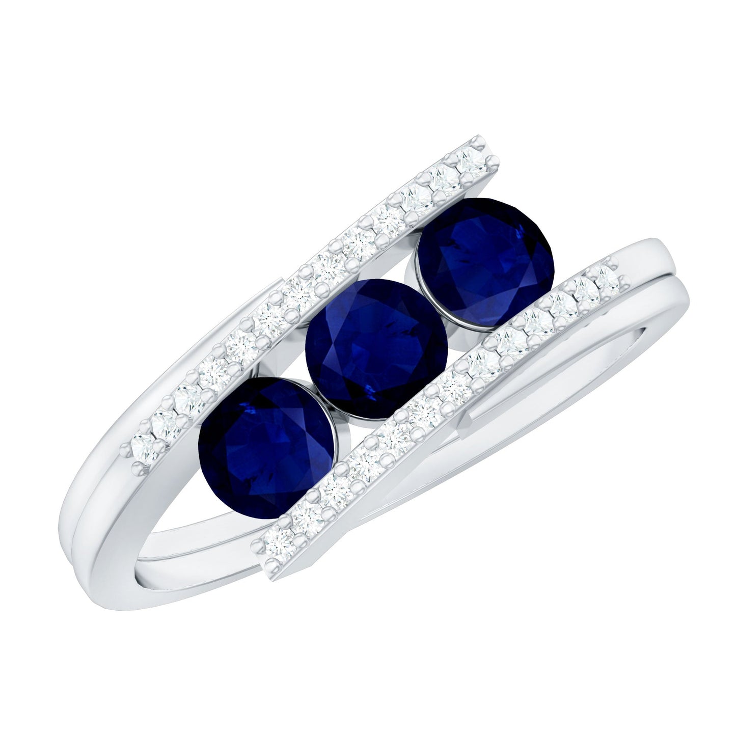 Real Blue Sapphire 3 Stone Promise Ring with Diamond Bypass Shank