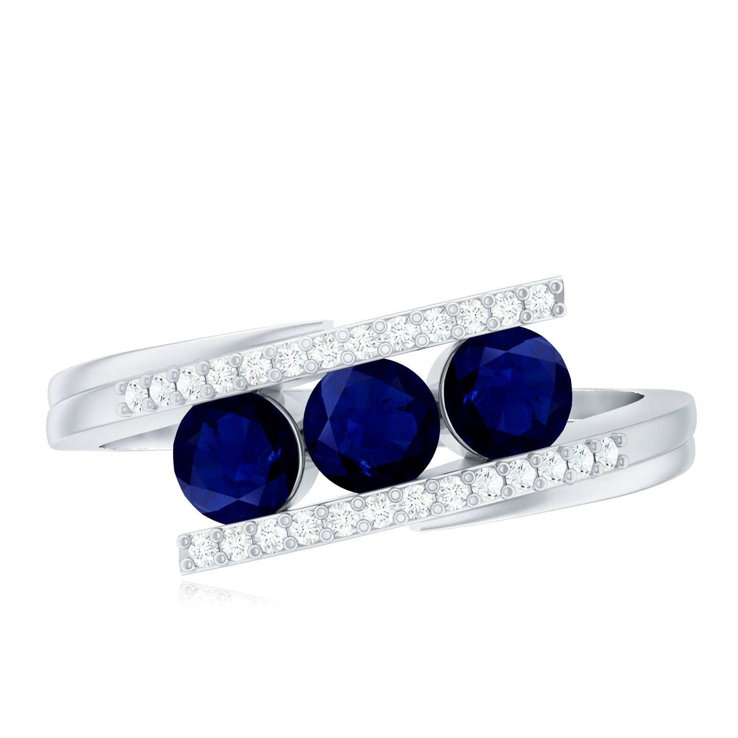 Real Blue Sapphire 3 Stone Promise Ring with Diamond Bypass Shank