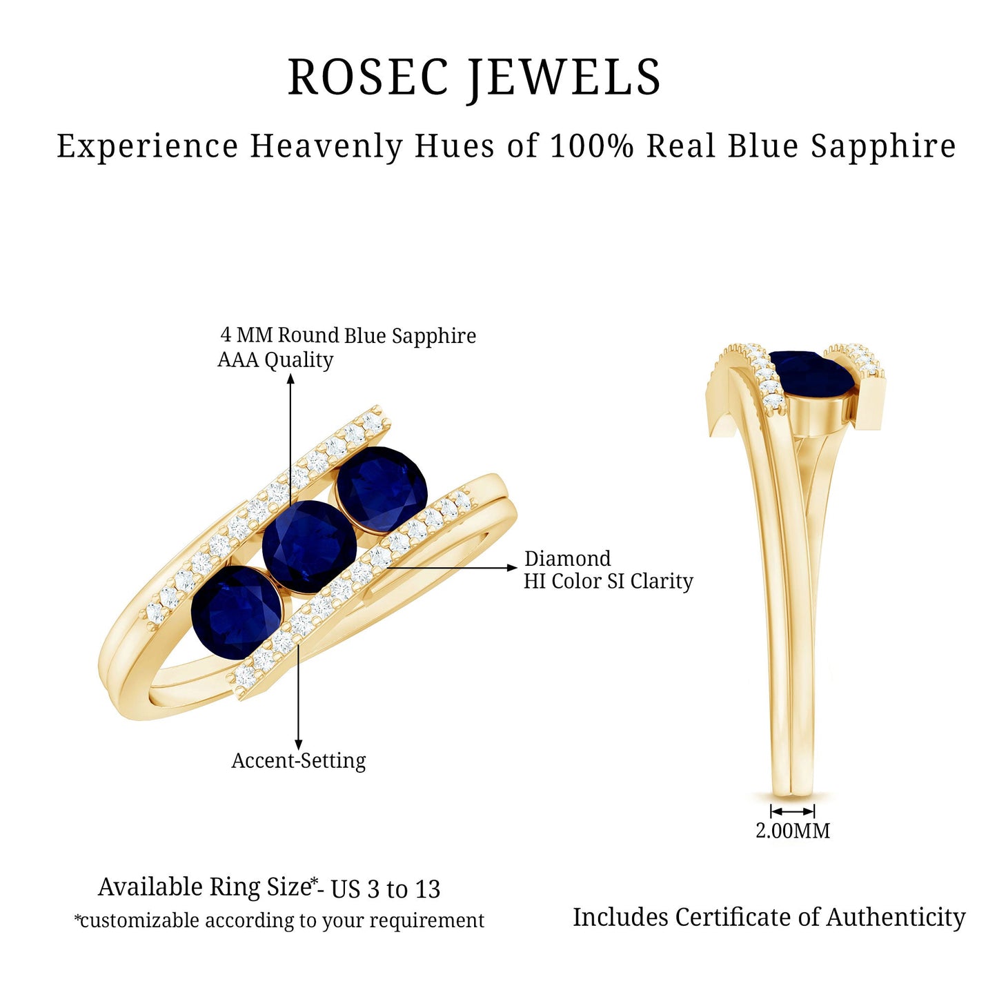 Real Blue Sapphire 3 Stone Promise Ring with Diamond Bypass Shank