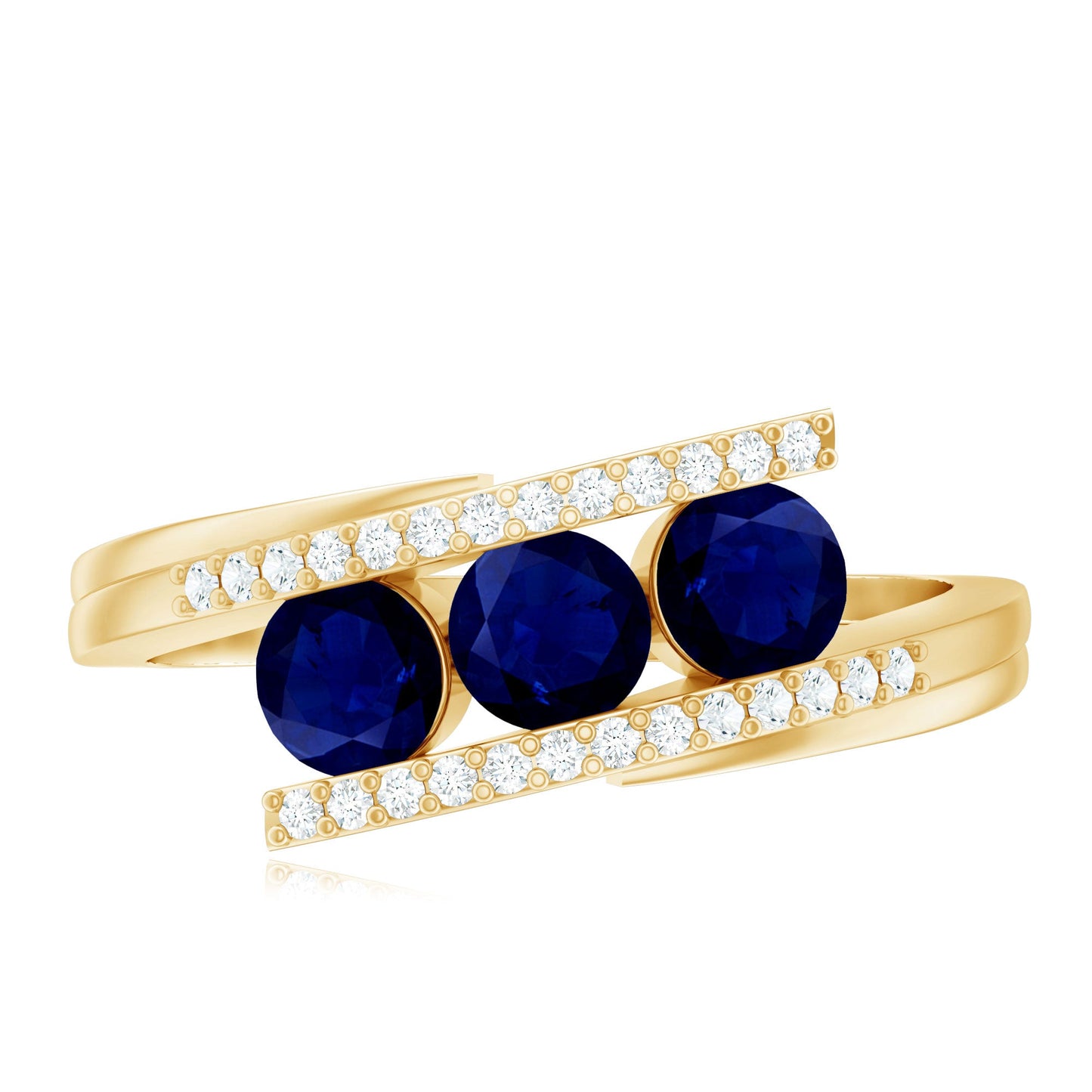 Real Blue Sapphire 3 Stone Promise Ring with Diamond Bypass Shank