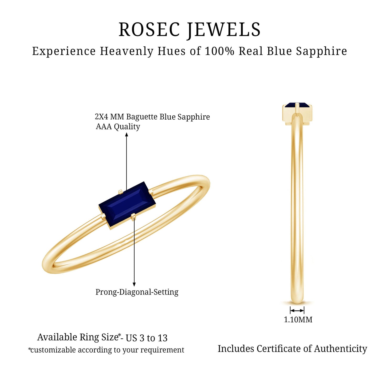 Natural Baguette Blue Sapphire Promise Ring for Women