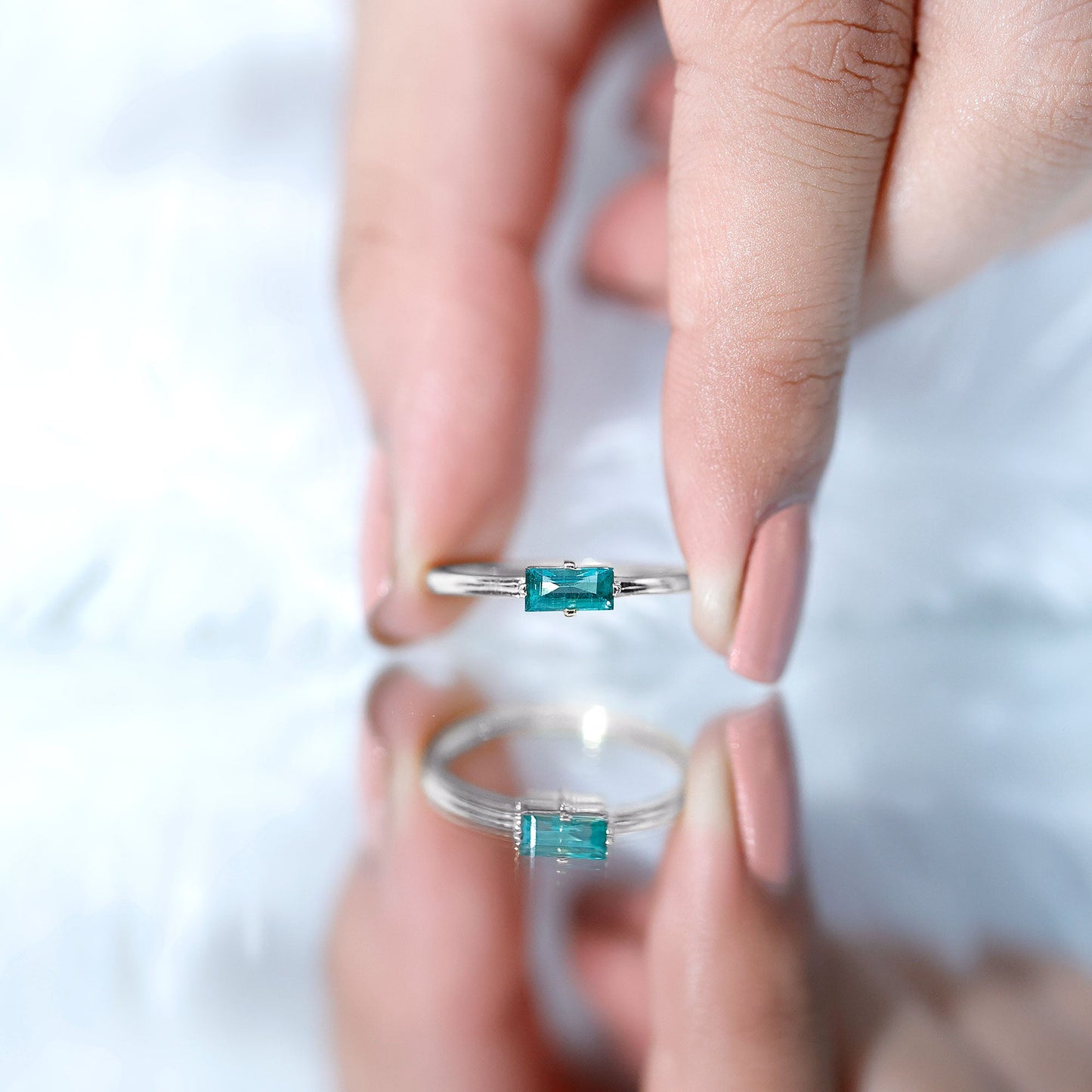 East West Set Baguette Cut Emerald May Birthstone Ring