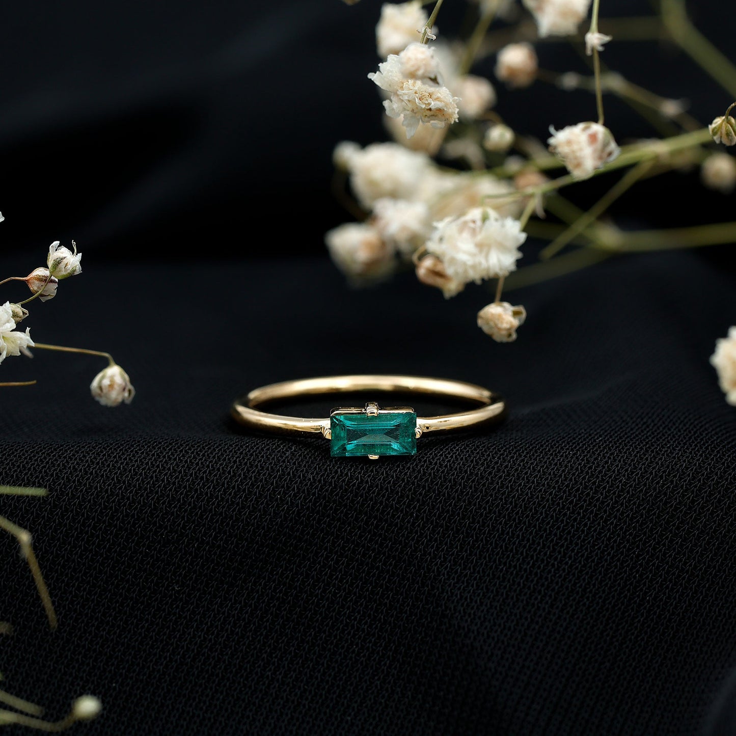 East West Set Baguette Cut Emerald May Birthstone Ring