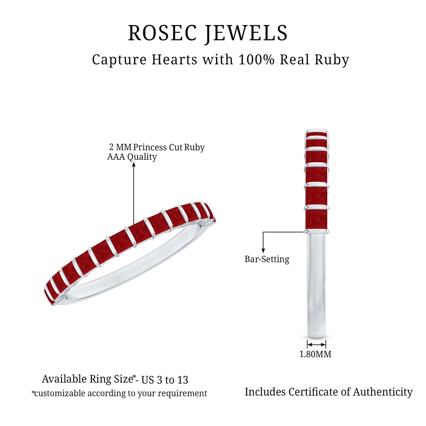 Natural Princess Cut Ruby Half Eternity Ring for Women