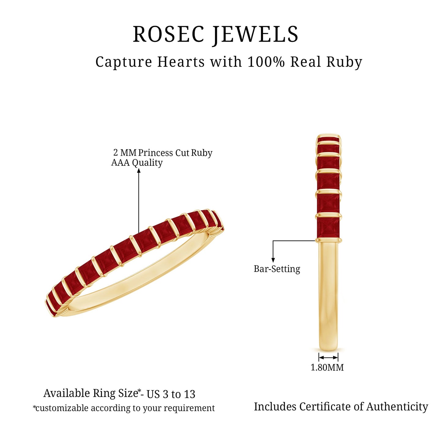 Natural Princess Cut Ruby Half Eternity Ring for Women