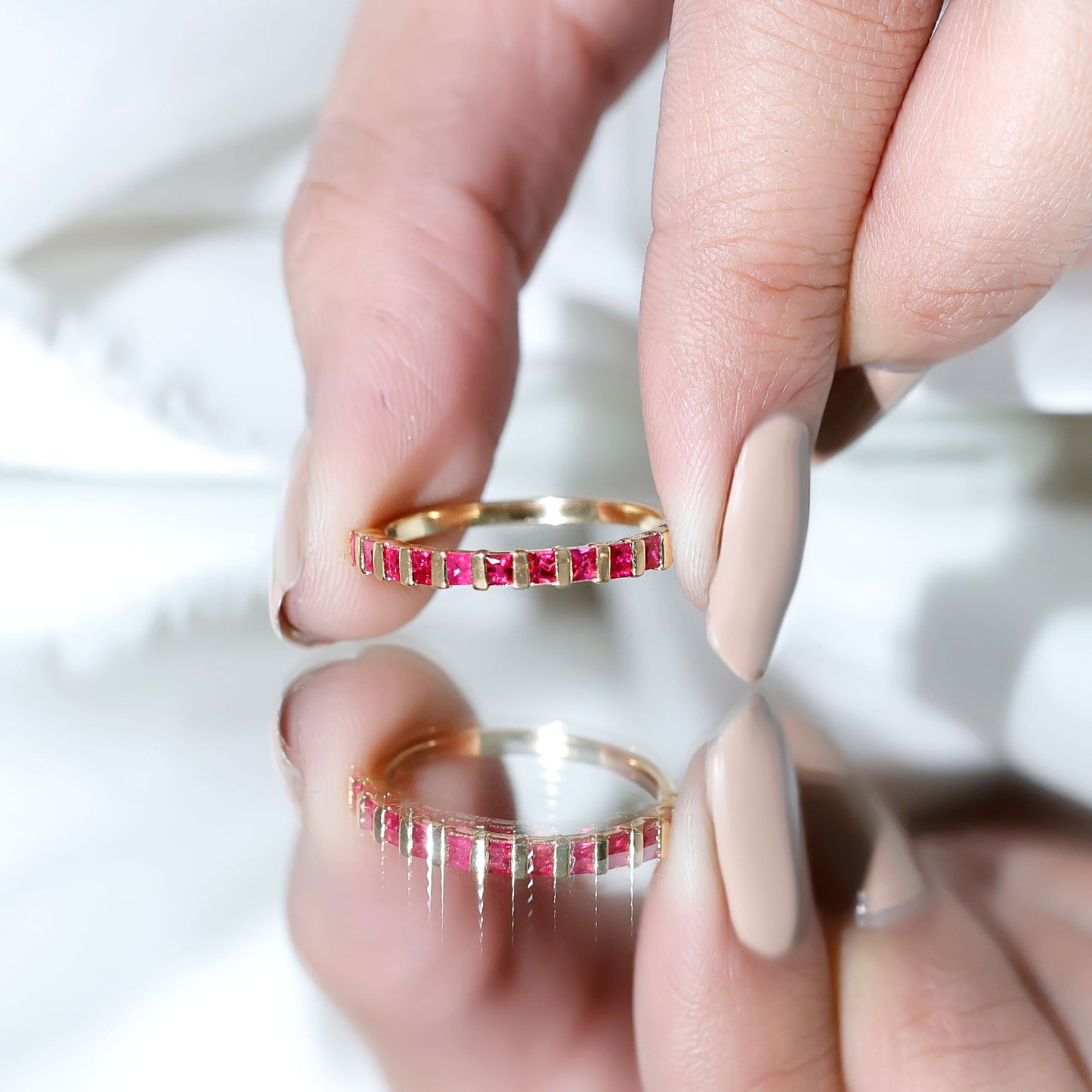 Natural Princess Cut Ruby Half Eternity Ring for Women