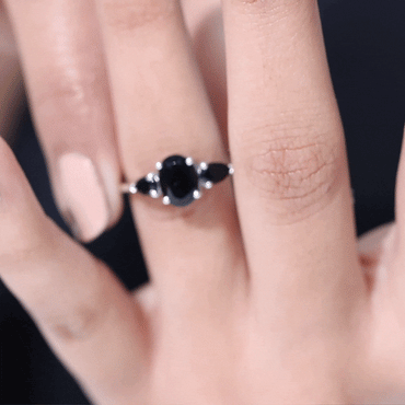 Natural Black Onyx Three Stone Engagement Ring