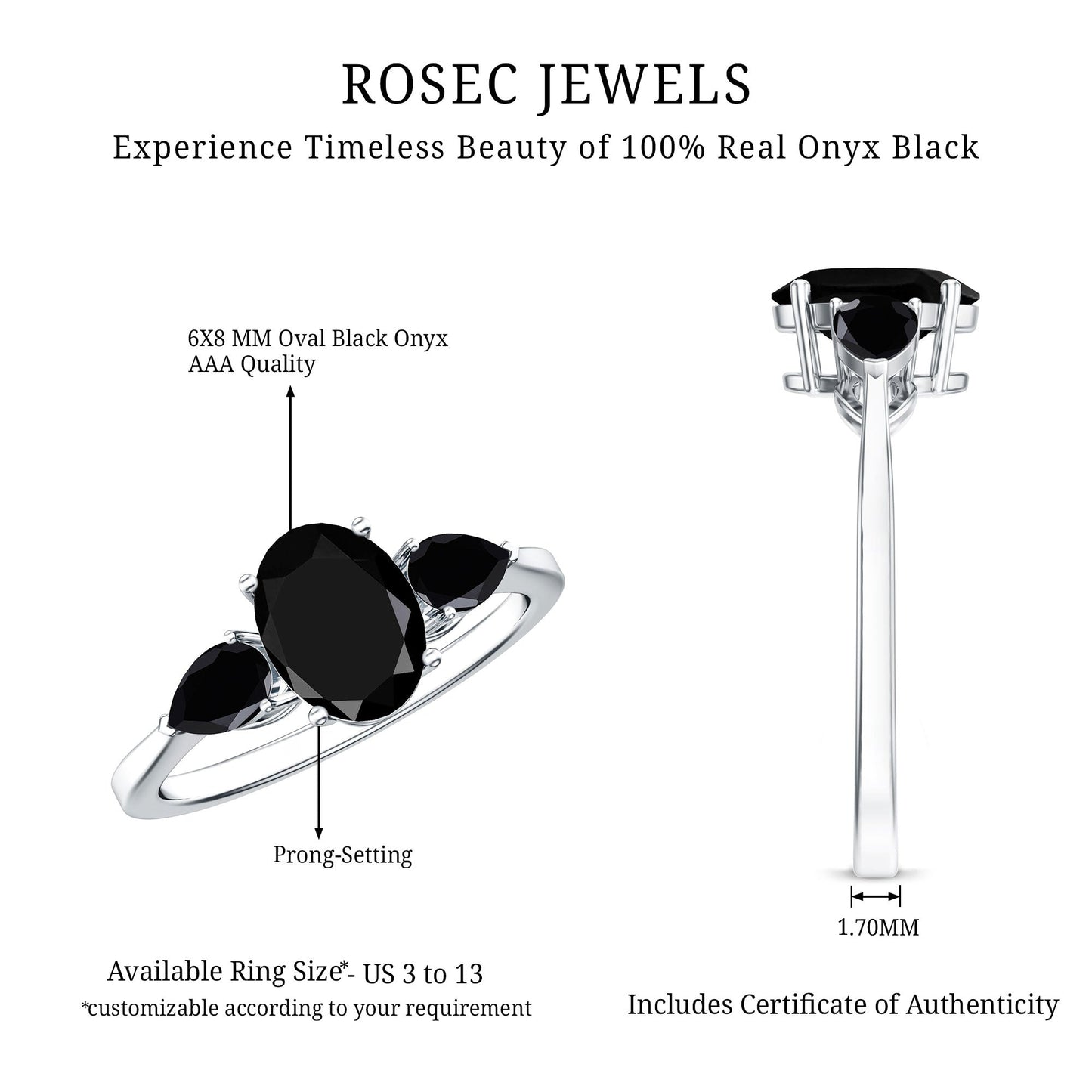 Natural Black Onyx Three Stone Engagement Ring