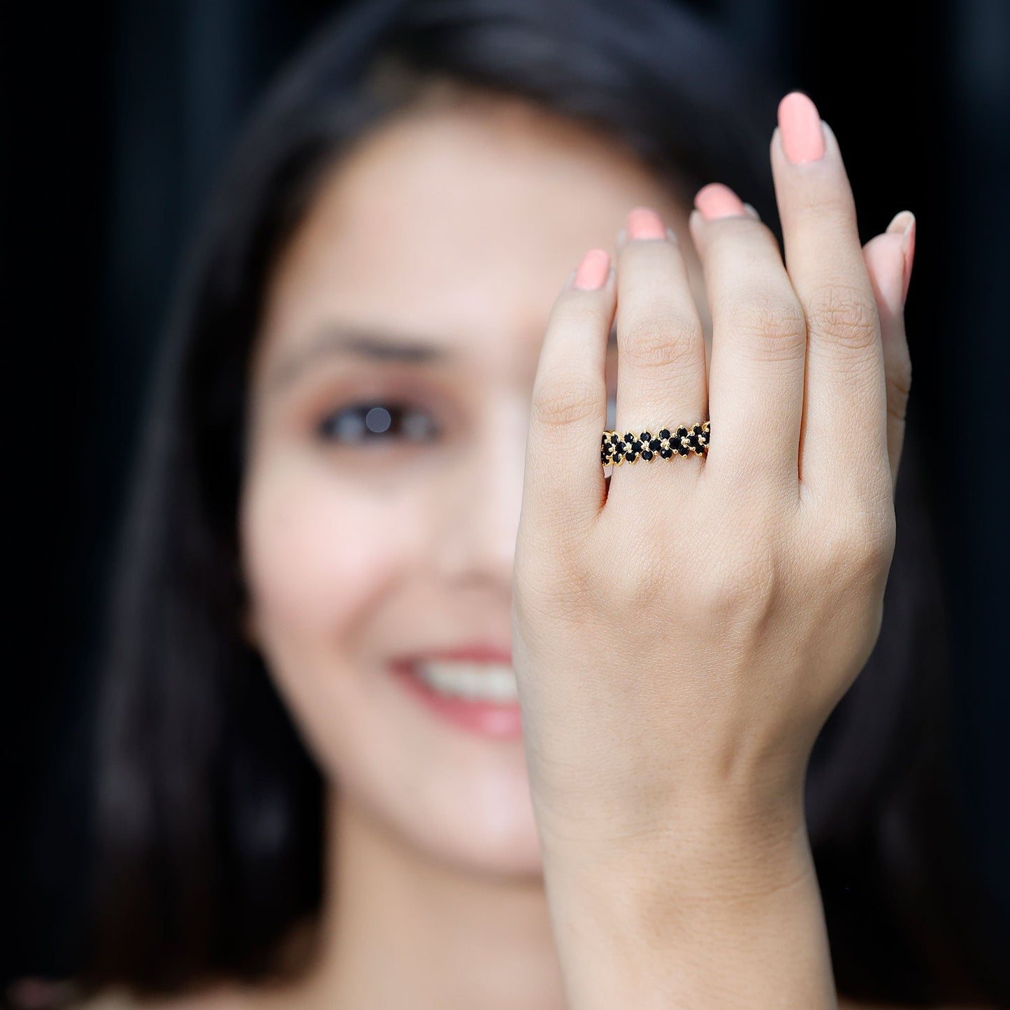 Round Cut Black Onyx Cluster Wedding Band for Women