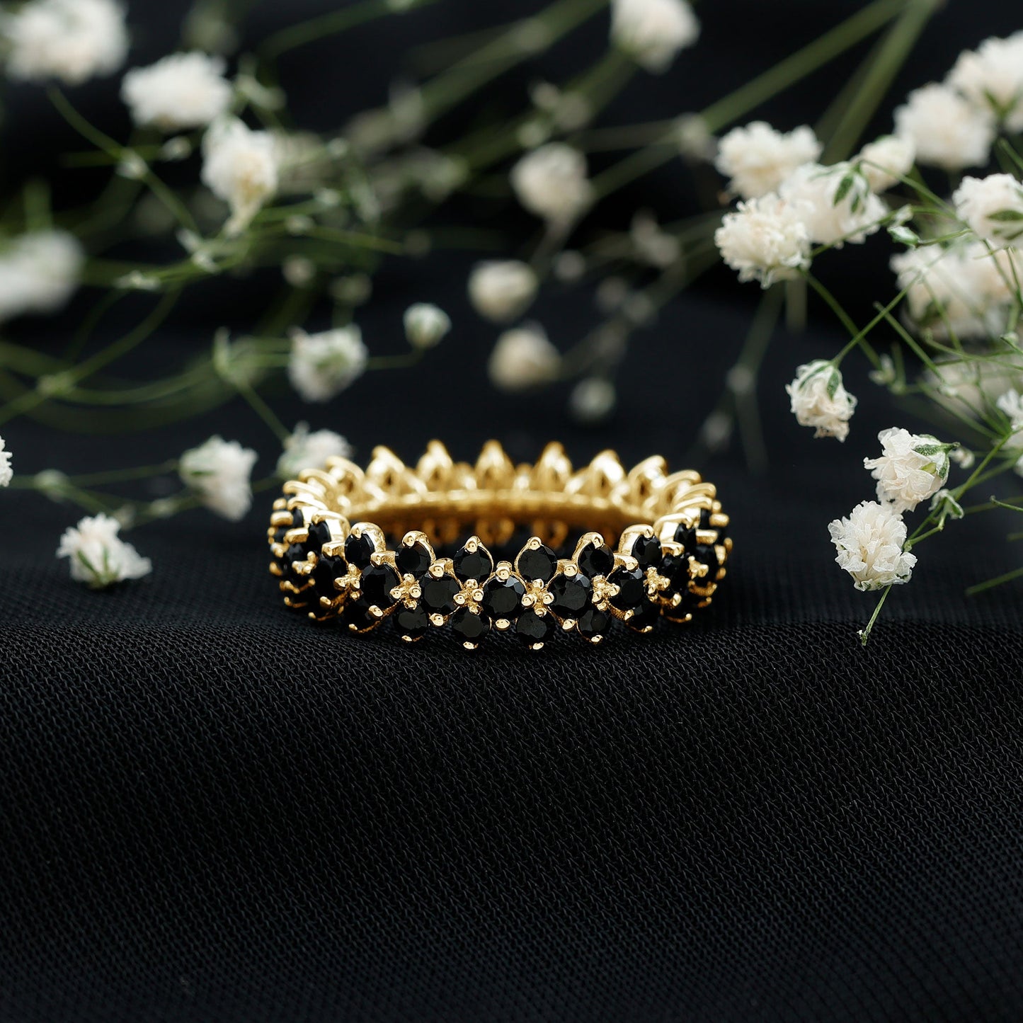 Round Cut Black Onyx Cluster Wedding Band for Women