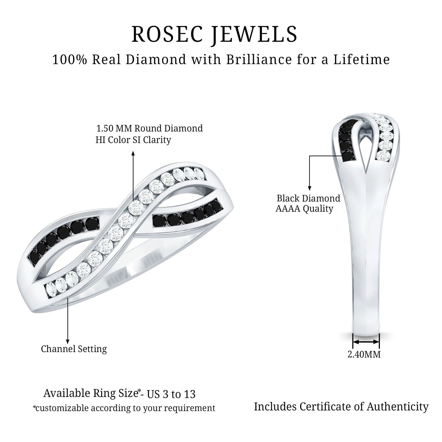 Certified Lab Grown Black and White Diamond Infinity Promise Band