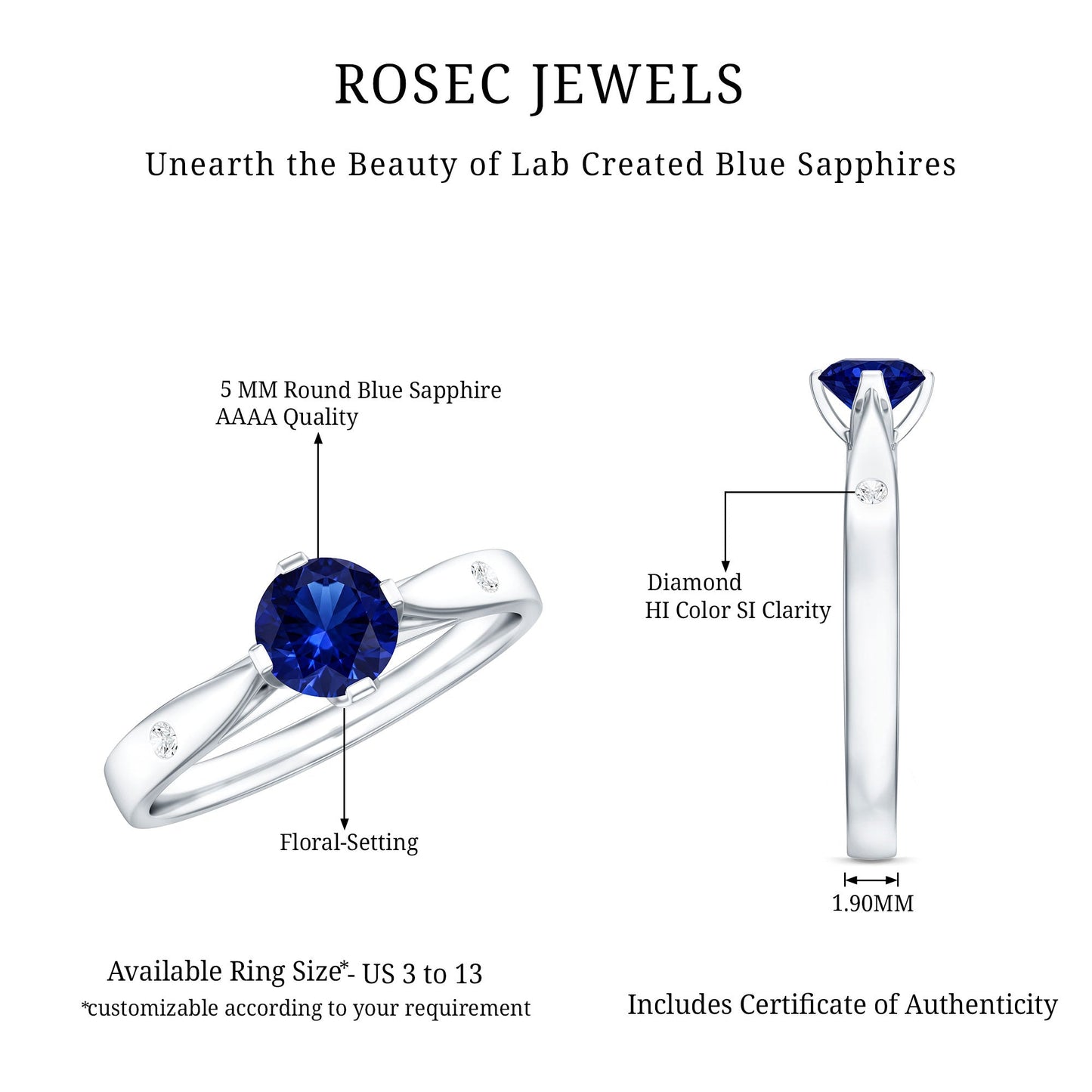 Certified 0.6 Carat Lab Grown Blue Sapphire Promise Ring with Diamond