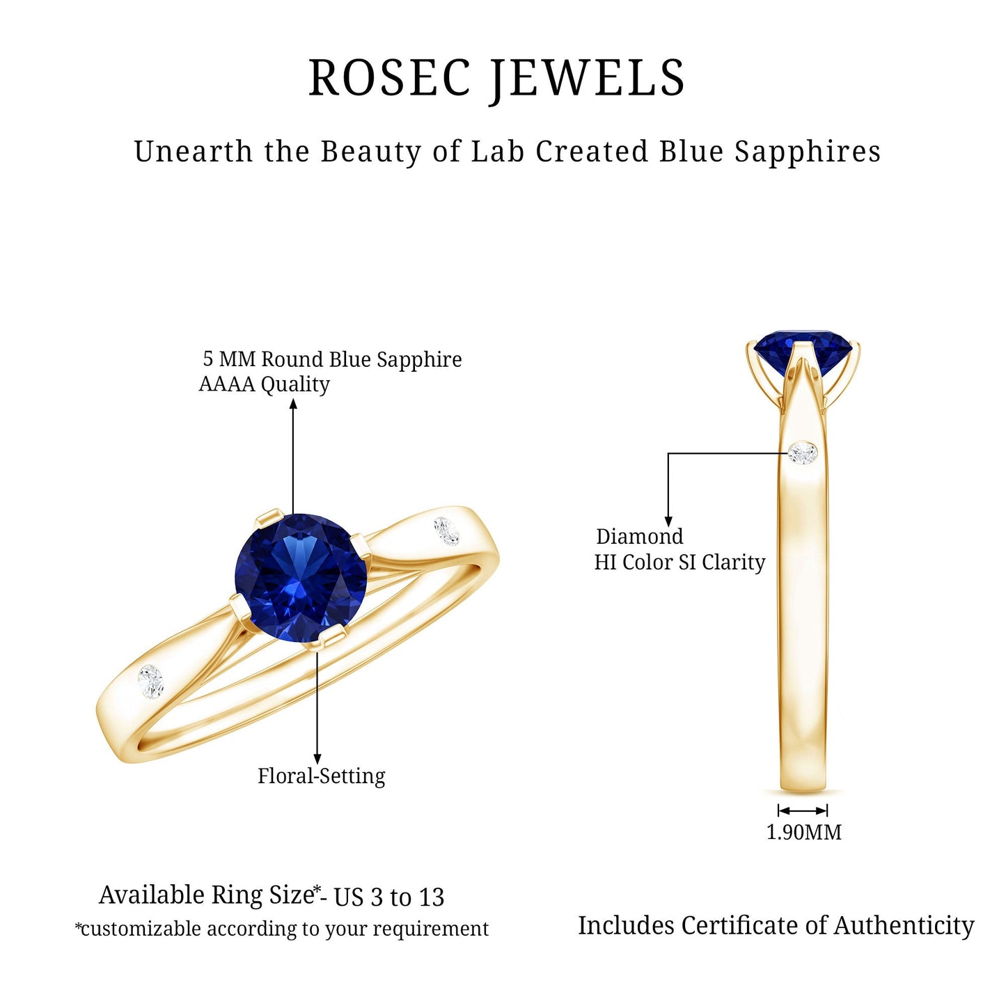 Certified 0.6 Carat Lab Grown Blue Sapphire Promise Ring with Diamond