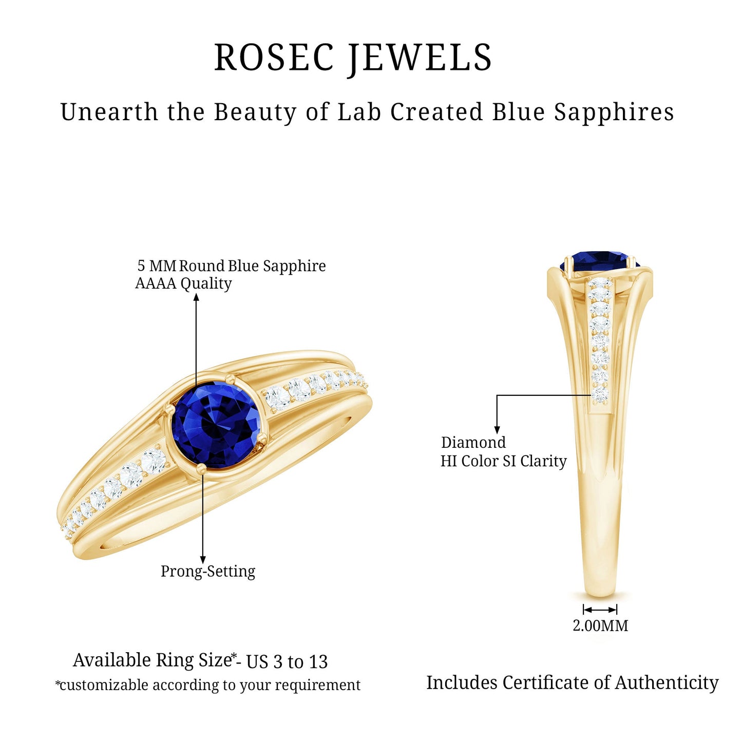 0.6 Carat Created Blue Sapphire and Diamond Classic Engagement Ring