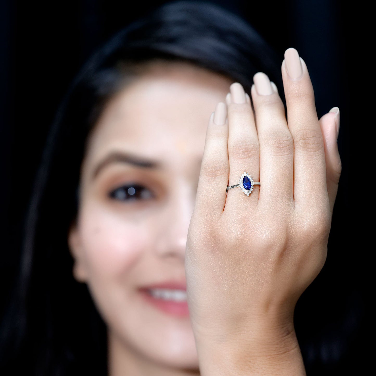 Marquise Cut Lab Grown Blue Sapphire and Diamond Halo Engagement Ring