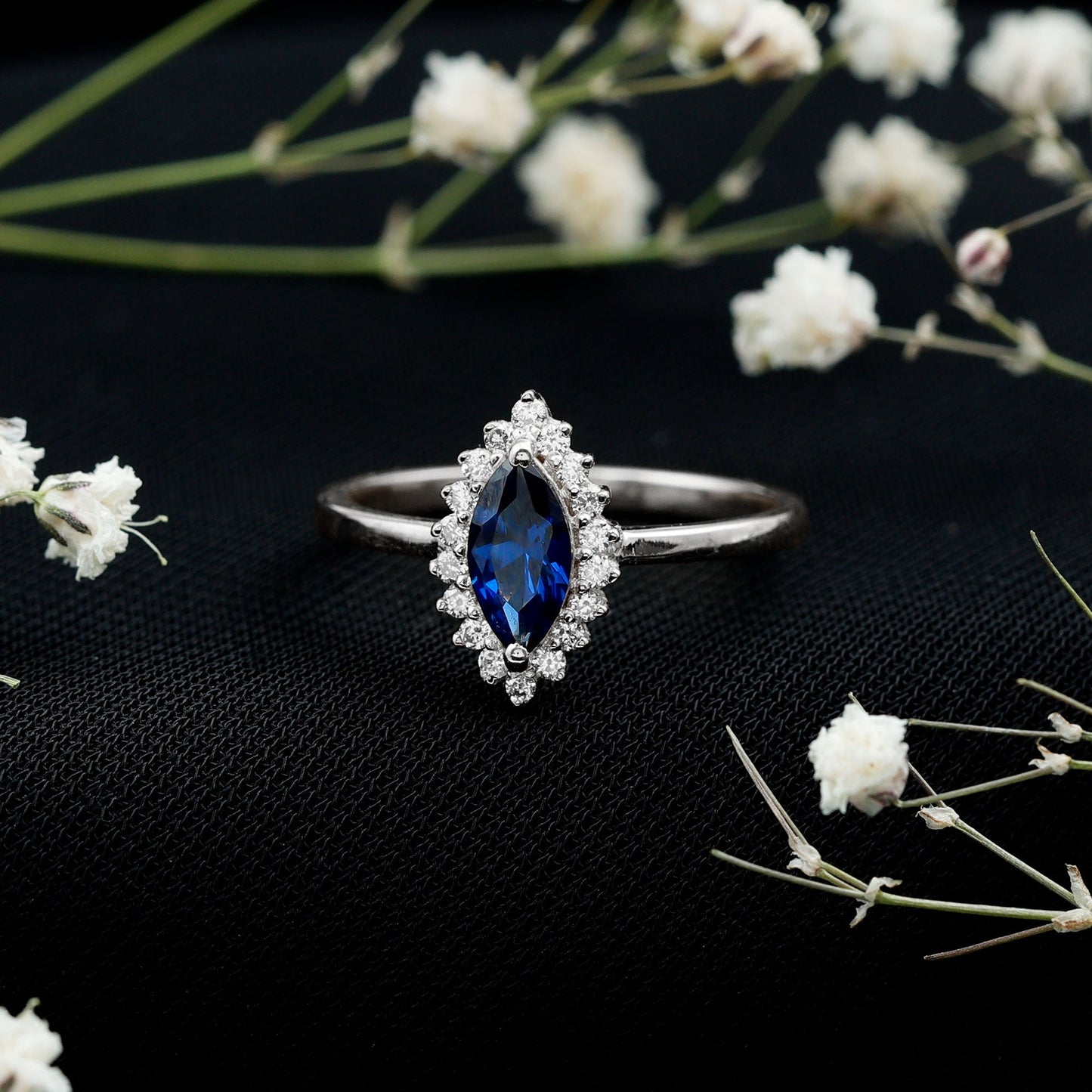 Marquise Cut Lab Grown Blue Sapphire and Diamond Halo Engagement Ring