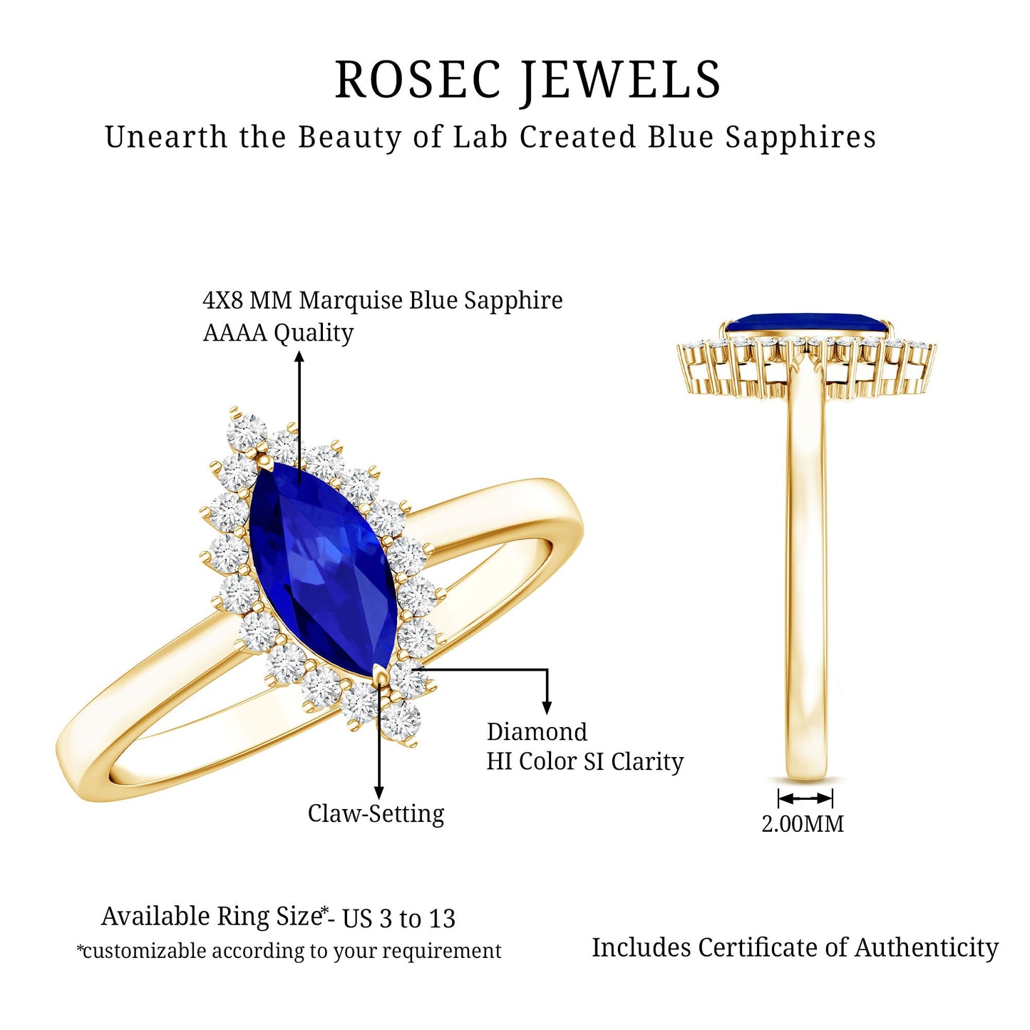 Marquise Cut Lab Grown Blue Sapphire and Diamond Halo Engagement Ring