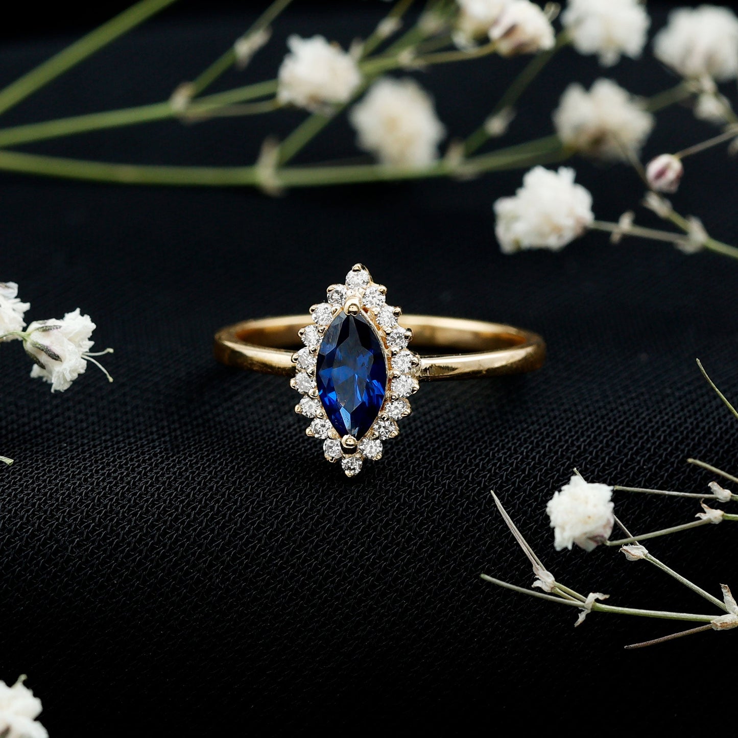 Marquise Cut Lab Grown Blue Sapphire and Diamond Halo Engagement Ring