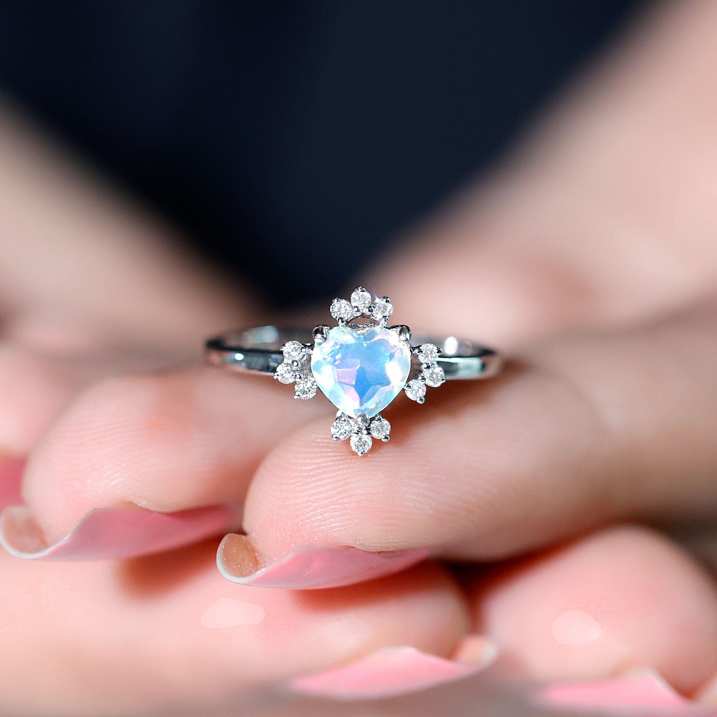 Natural 0.75 Carat Opalescent Heart Engagement Ring with Diamond