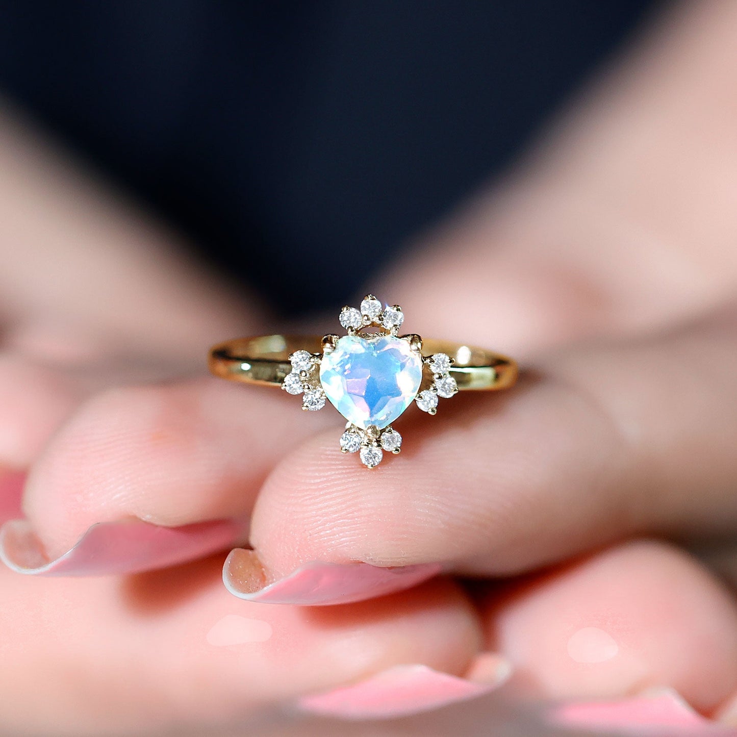 Natural 0.75 Carat Opalescent Heart Engagement Ring with Diamond