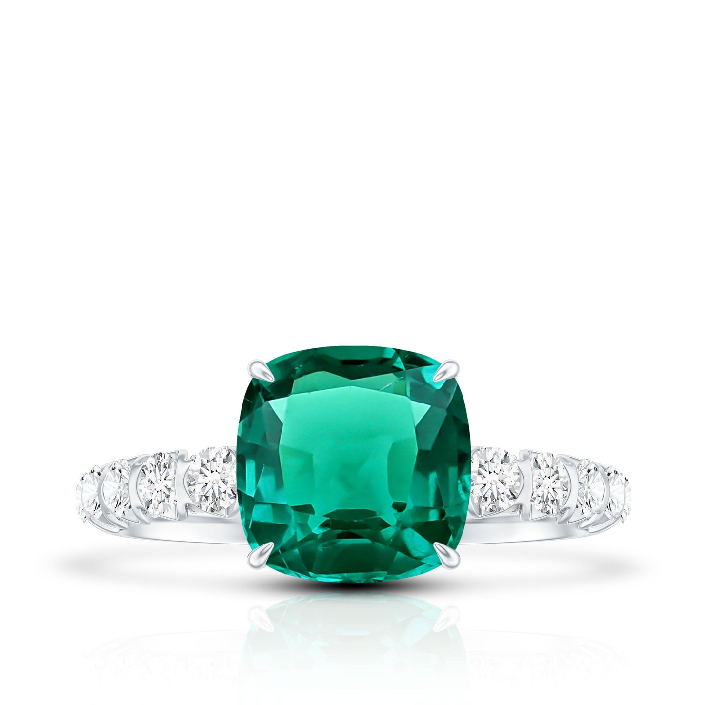 Certified Lab Grown Emerald Cushion Cut Engagement Ring with Diamond Side Stones