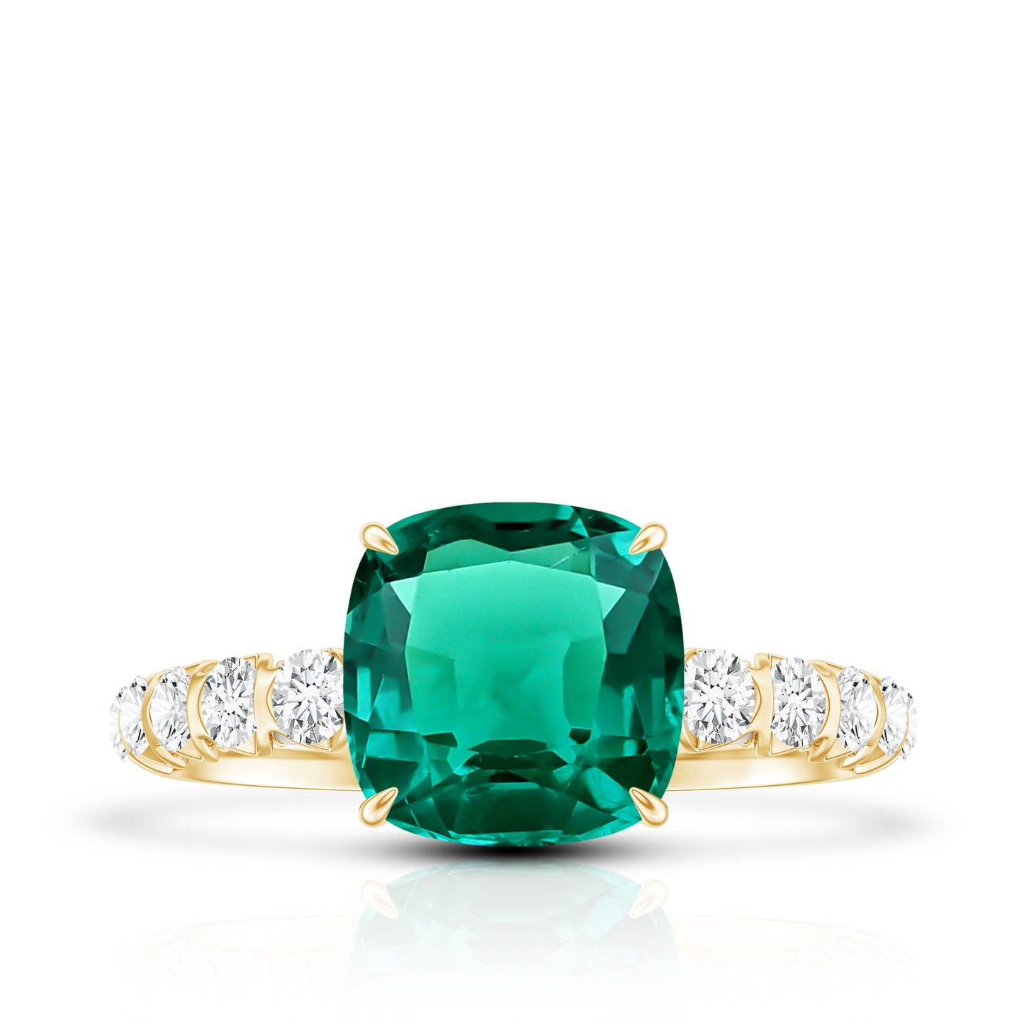 Certified Lab Grown Emerald Cushion Cut Engagement Ring with Diamond Side Stones