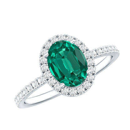 Classic Lab Grown Emerald Oval Engagement Ring with Diamond Halo